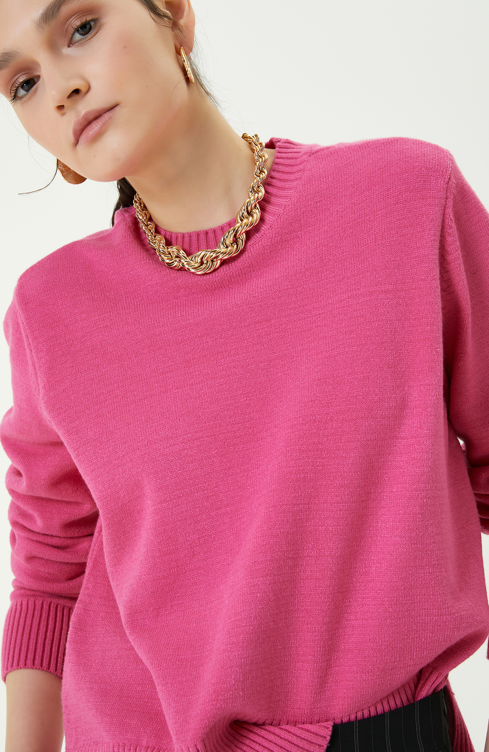 Bisiklet Yaka Pembe Triko Kazak