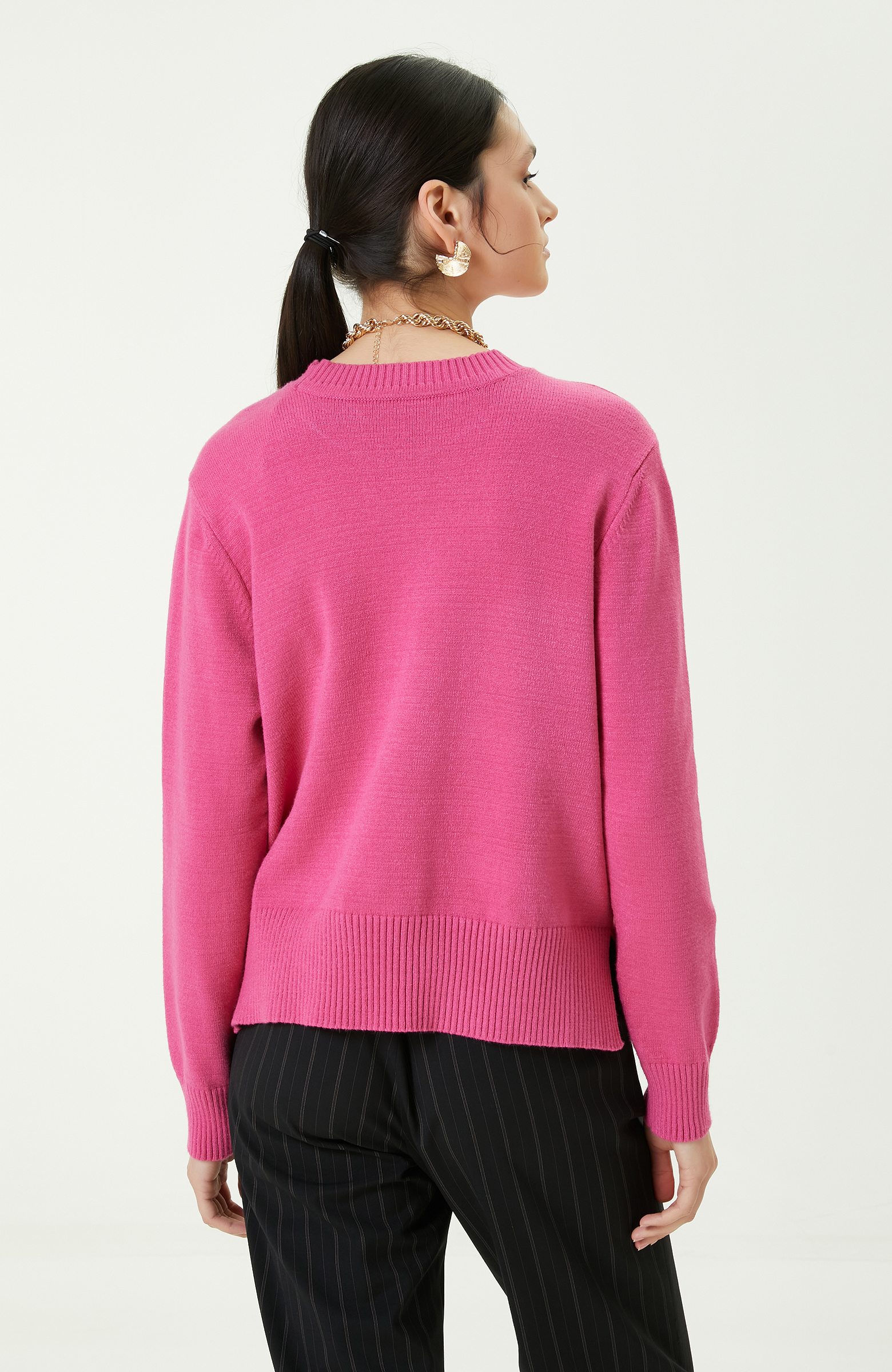 Bisiklet Yaka Pembe Triko Kazak