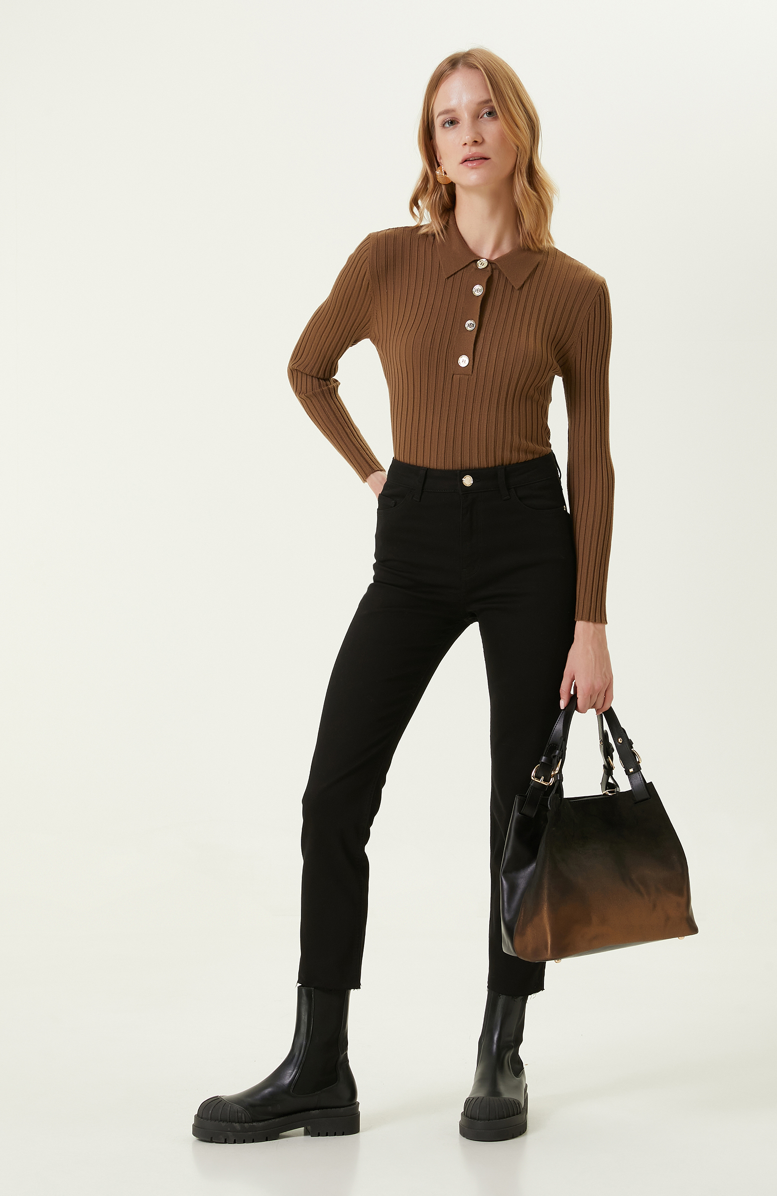 Yağ Yeşili Polo Yaka Triko Kazak