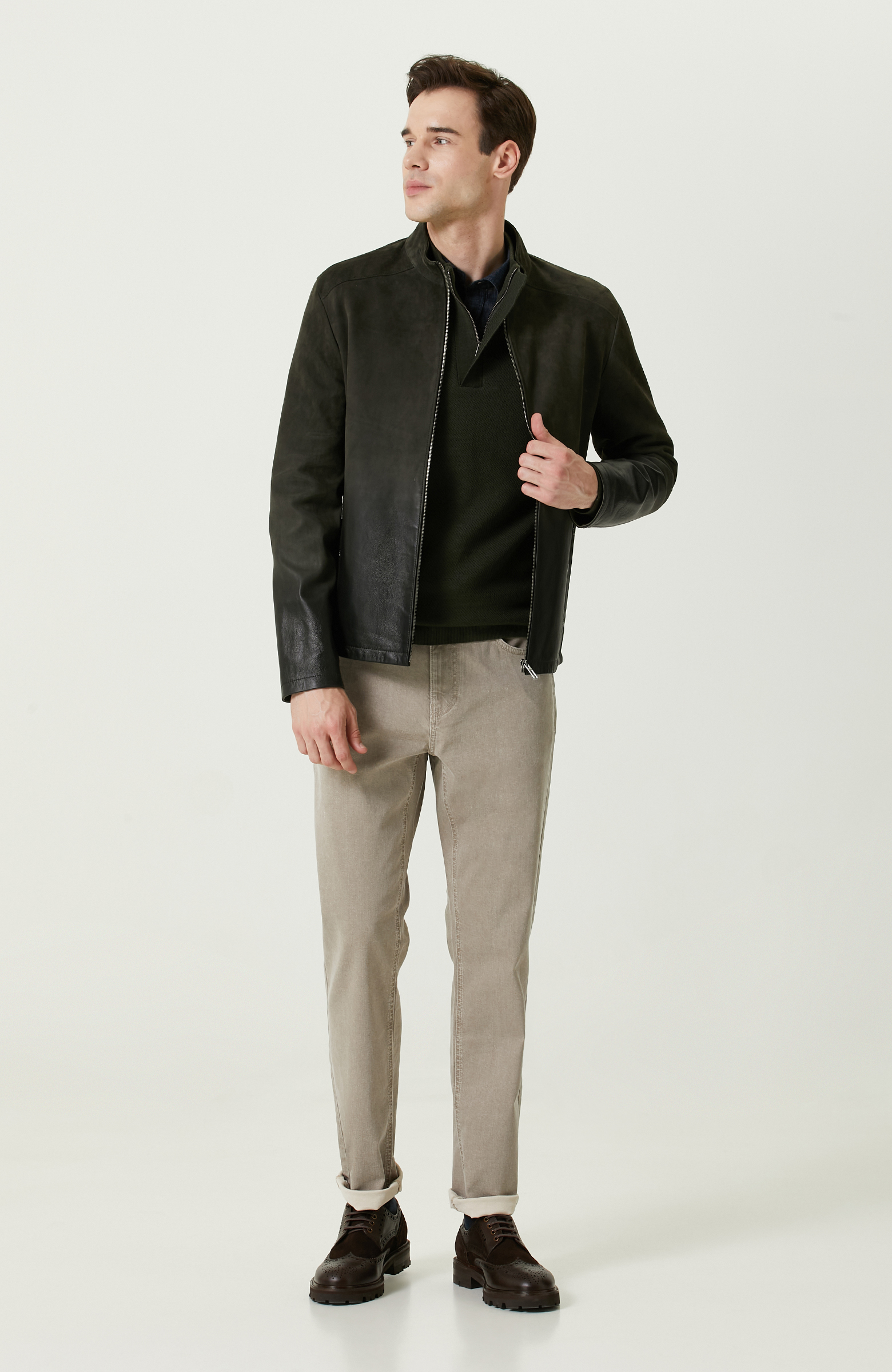 Haki Süet Deri Mont