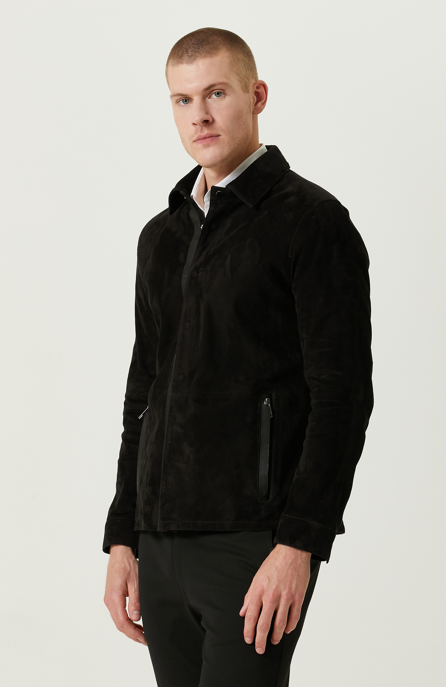 Siyah Süet Deri Gömlek