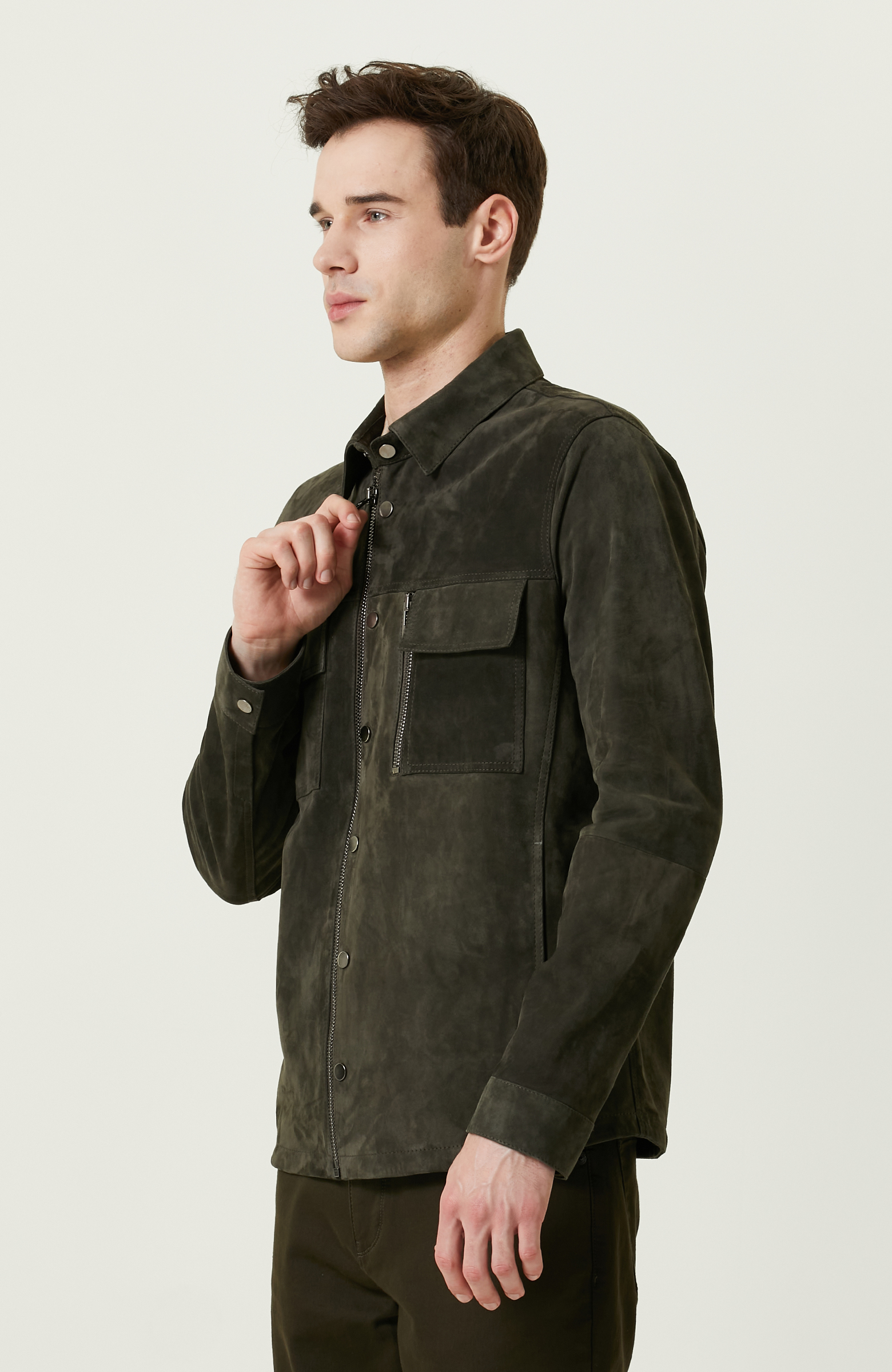 Haki Süet Deri Gömlek