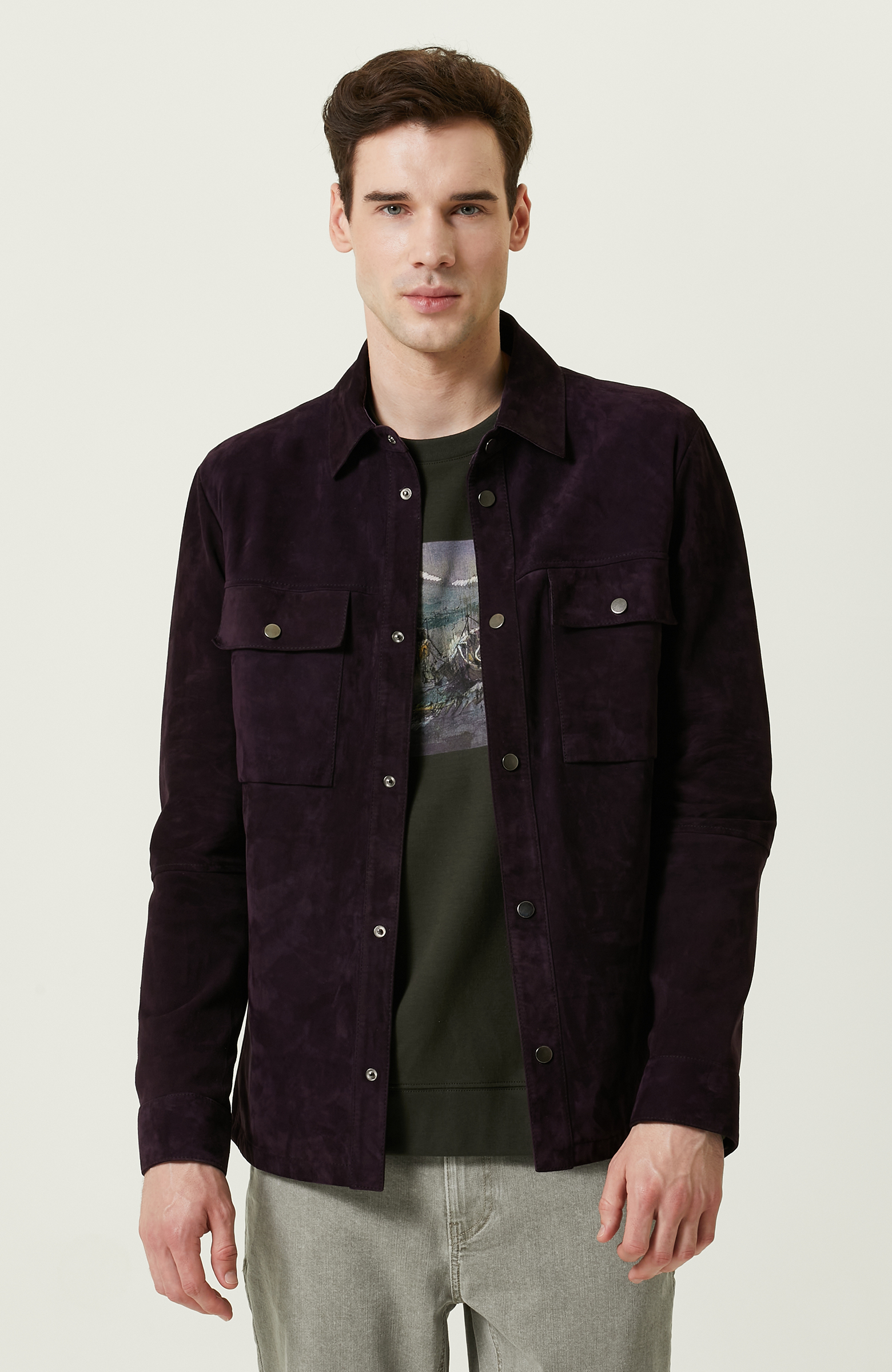 Mor Süet Deri Gömlek