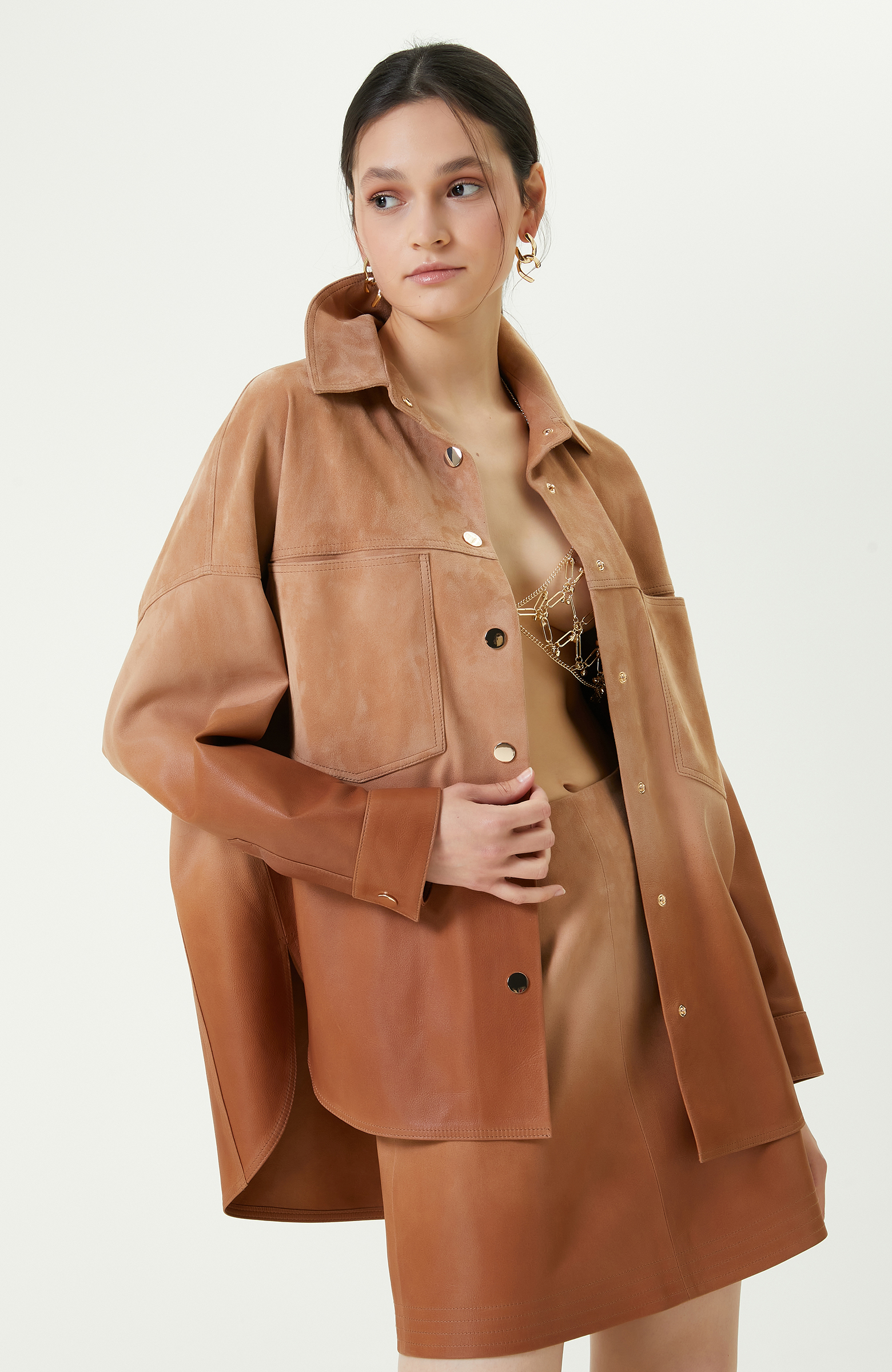 Degradeli Kahverengi Deri Gömlek