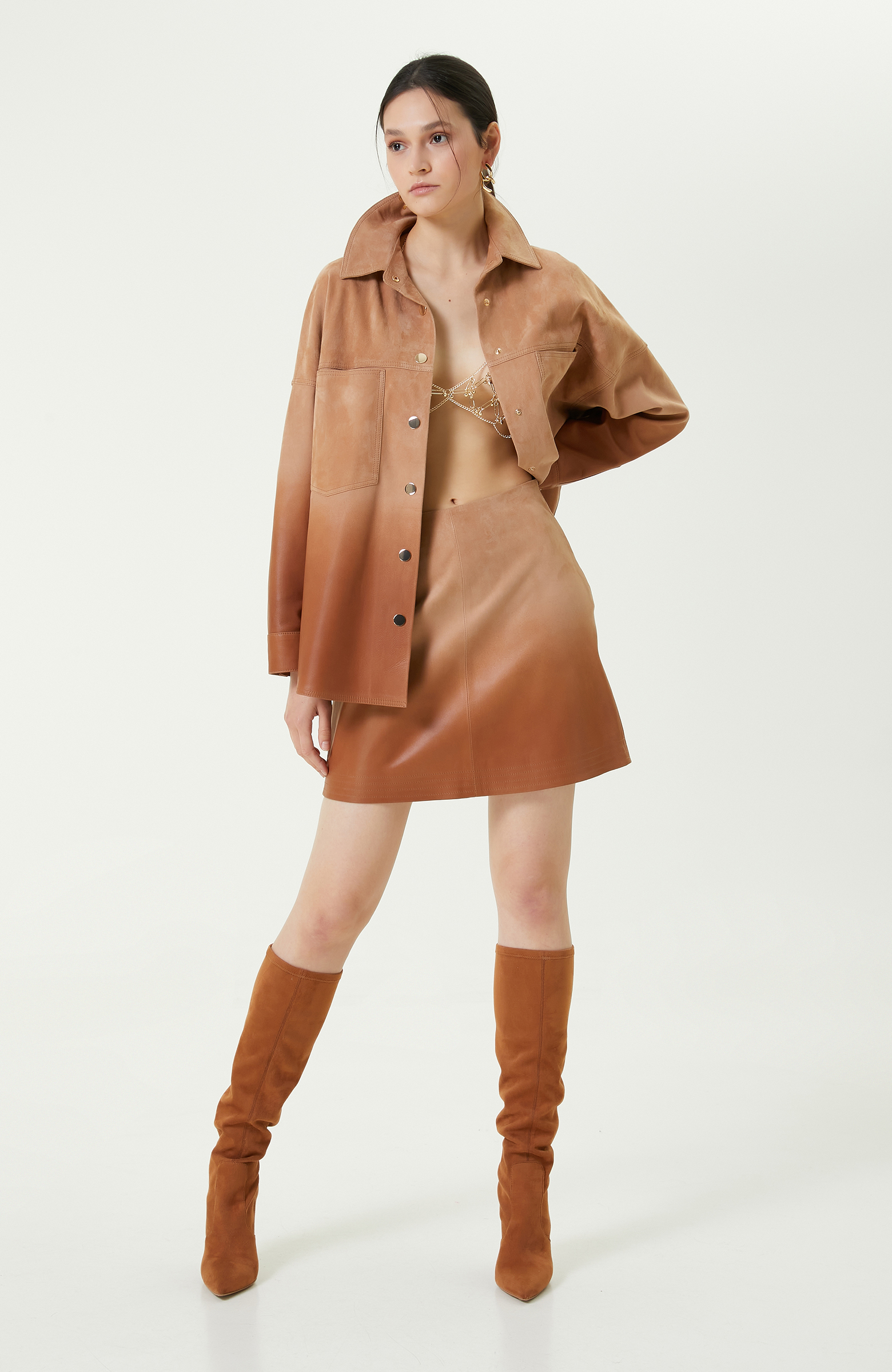 Degradeli Kahverengi Deri Gömlek