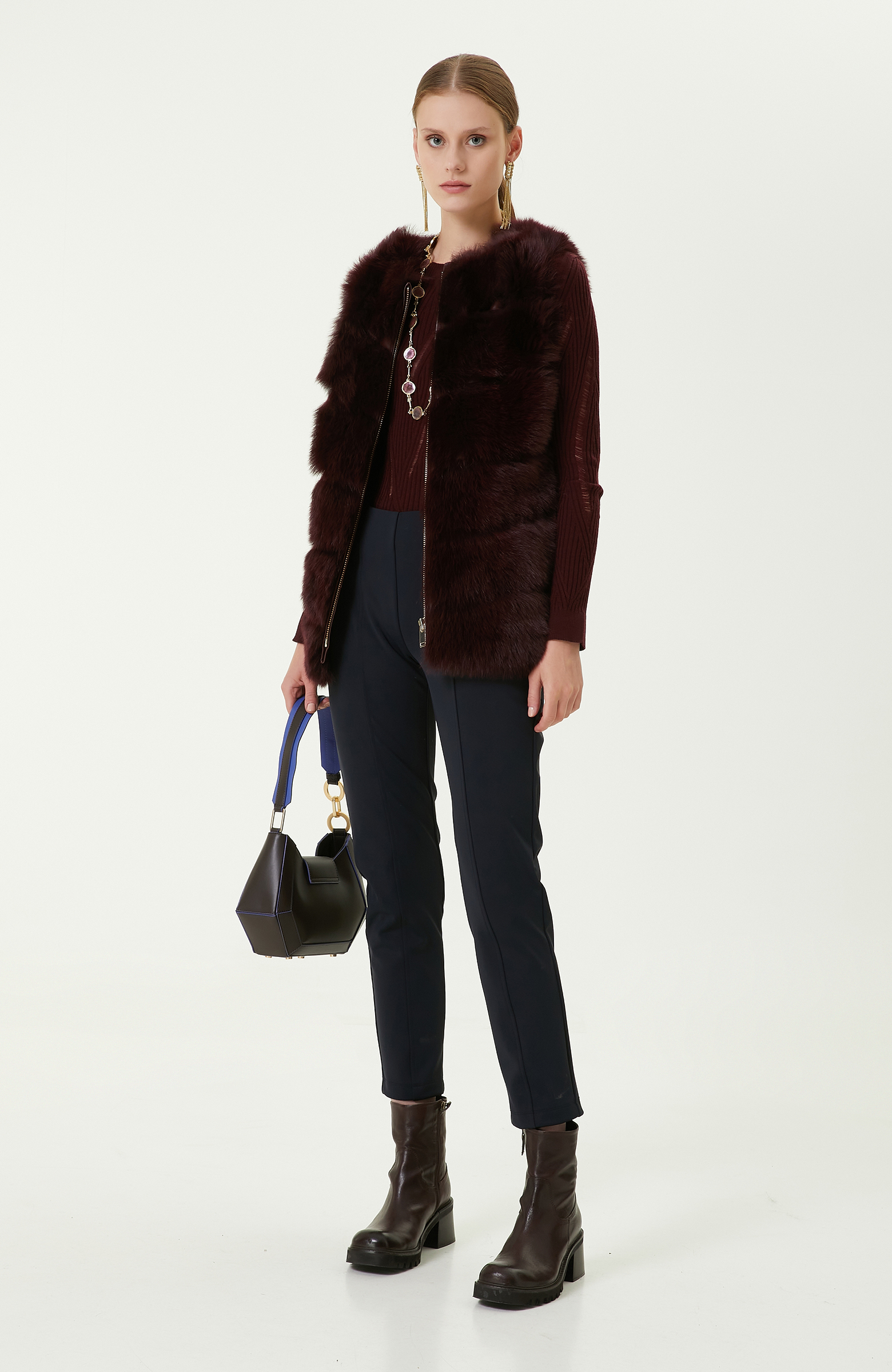 Dik Yaka Bordo Kolsuz Yelek