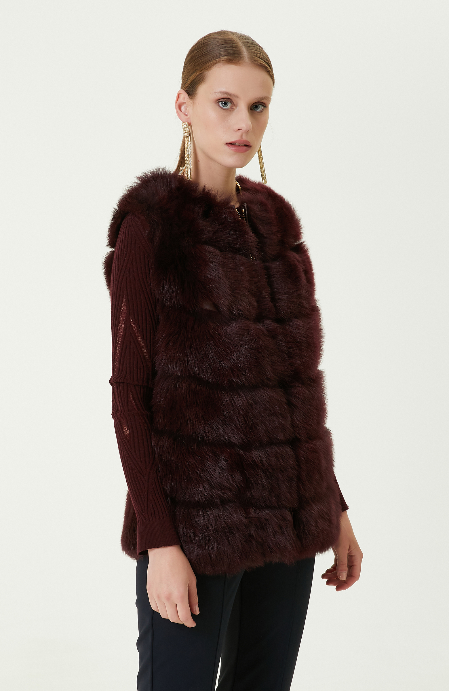 Dik Yaka Bordo Kolsuz Yelek