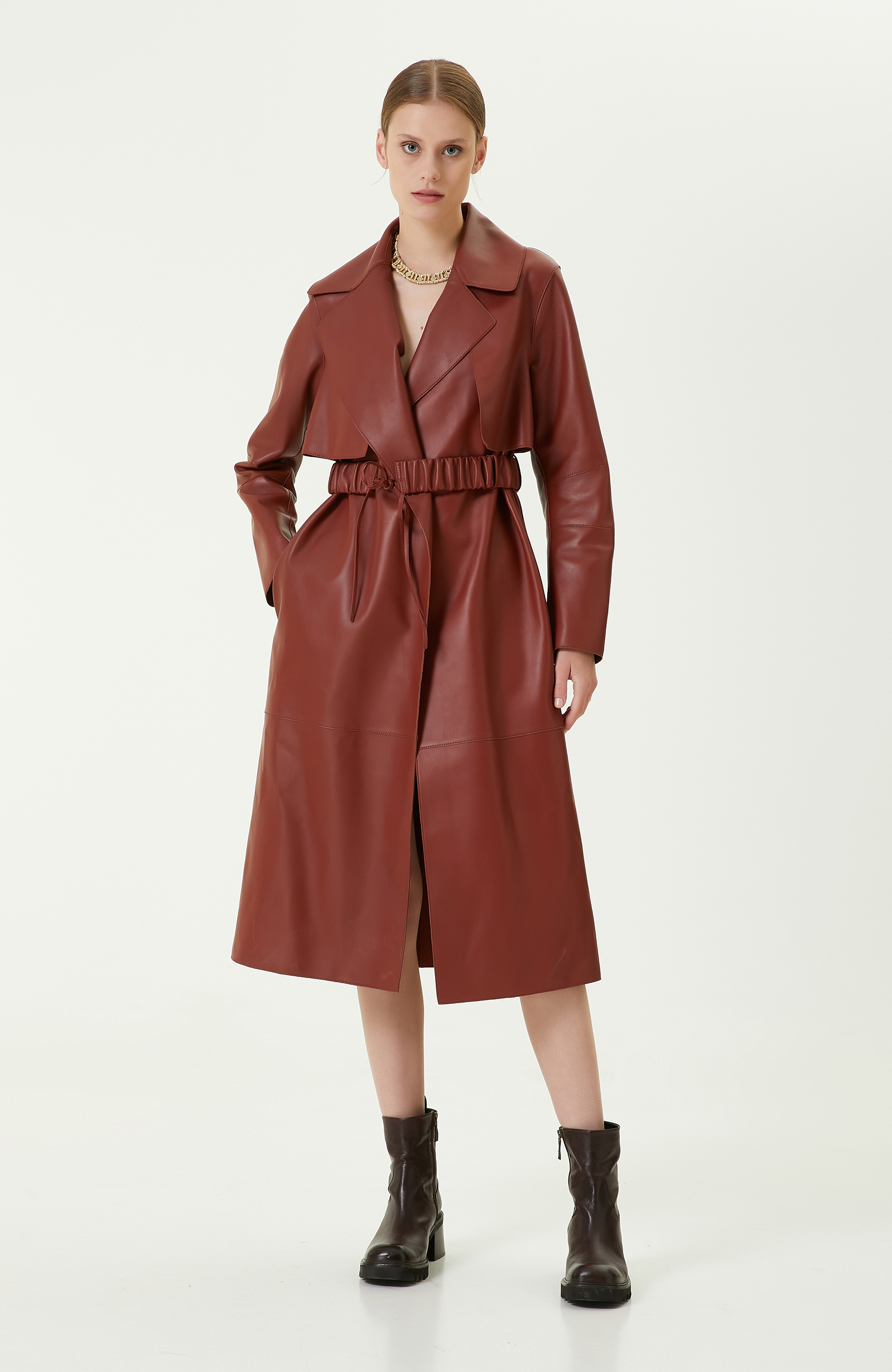 Tütün Rengi Deri Pardösü