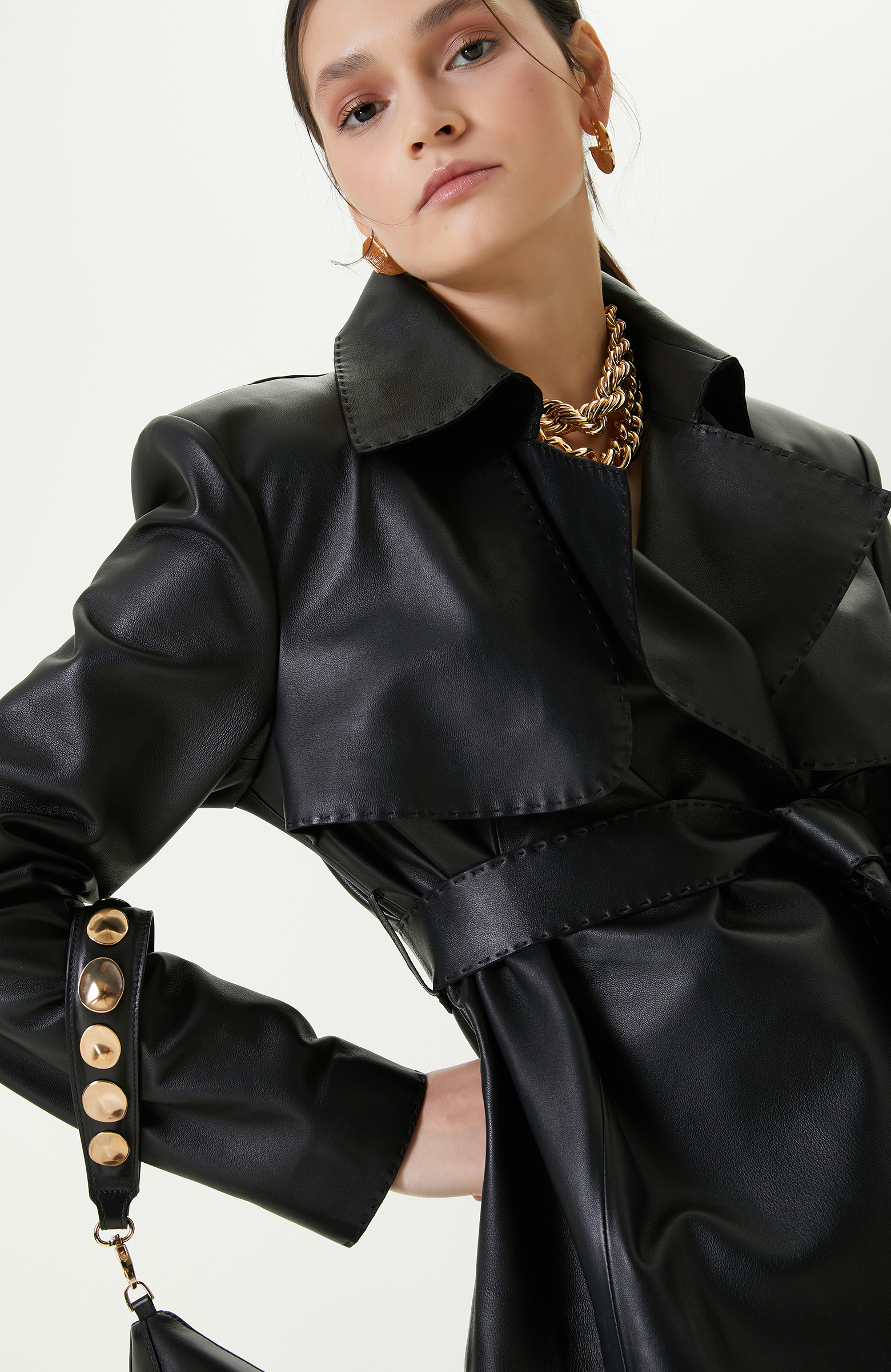 Kemerli Siyah Deri Ceket