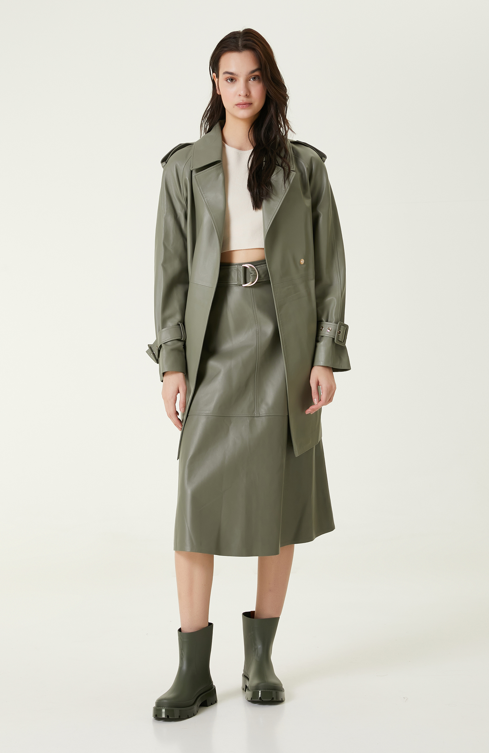 Açık Haki Evaze Deri Etek