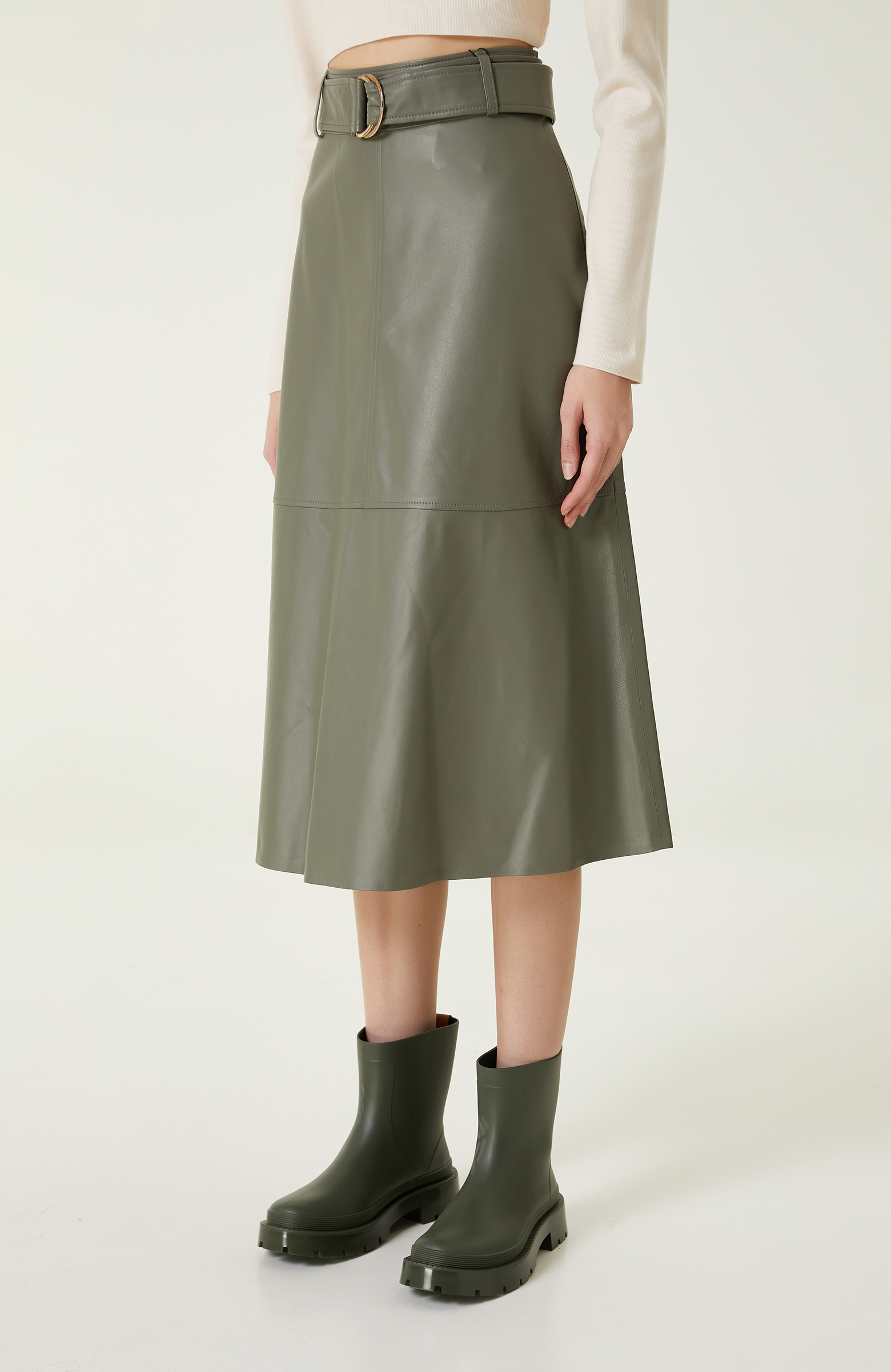 Açık Haki Evaze Deri Etek