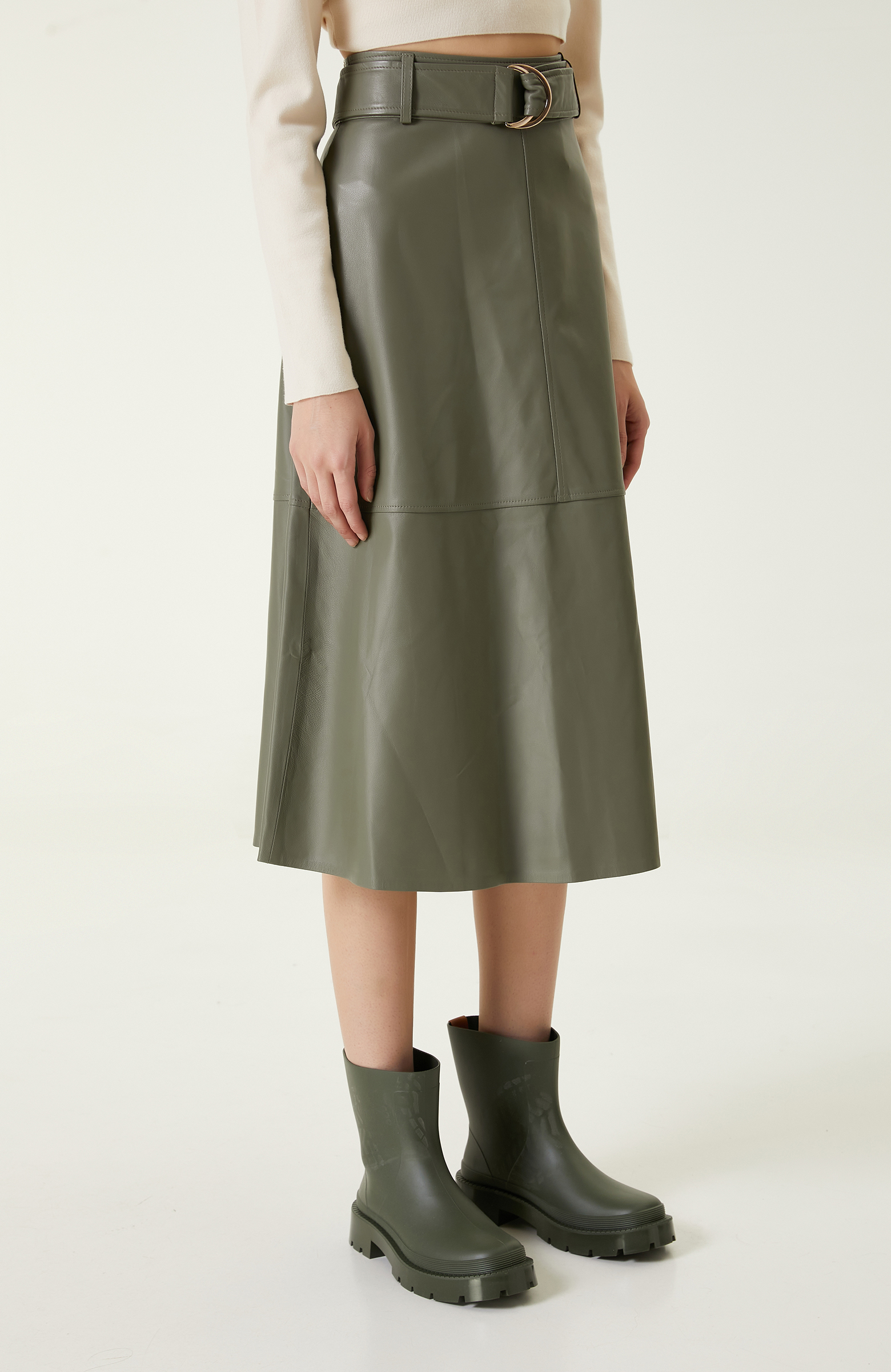 Açık Haki Evaze Deri Etek