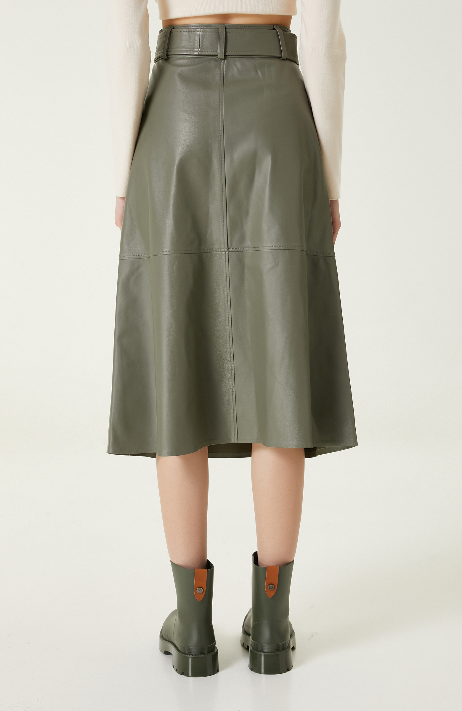 Açık Haki Evaze Deri Etek