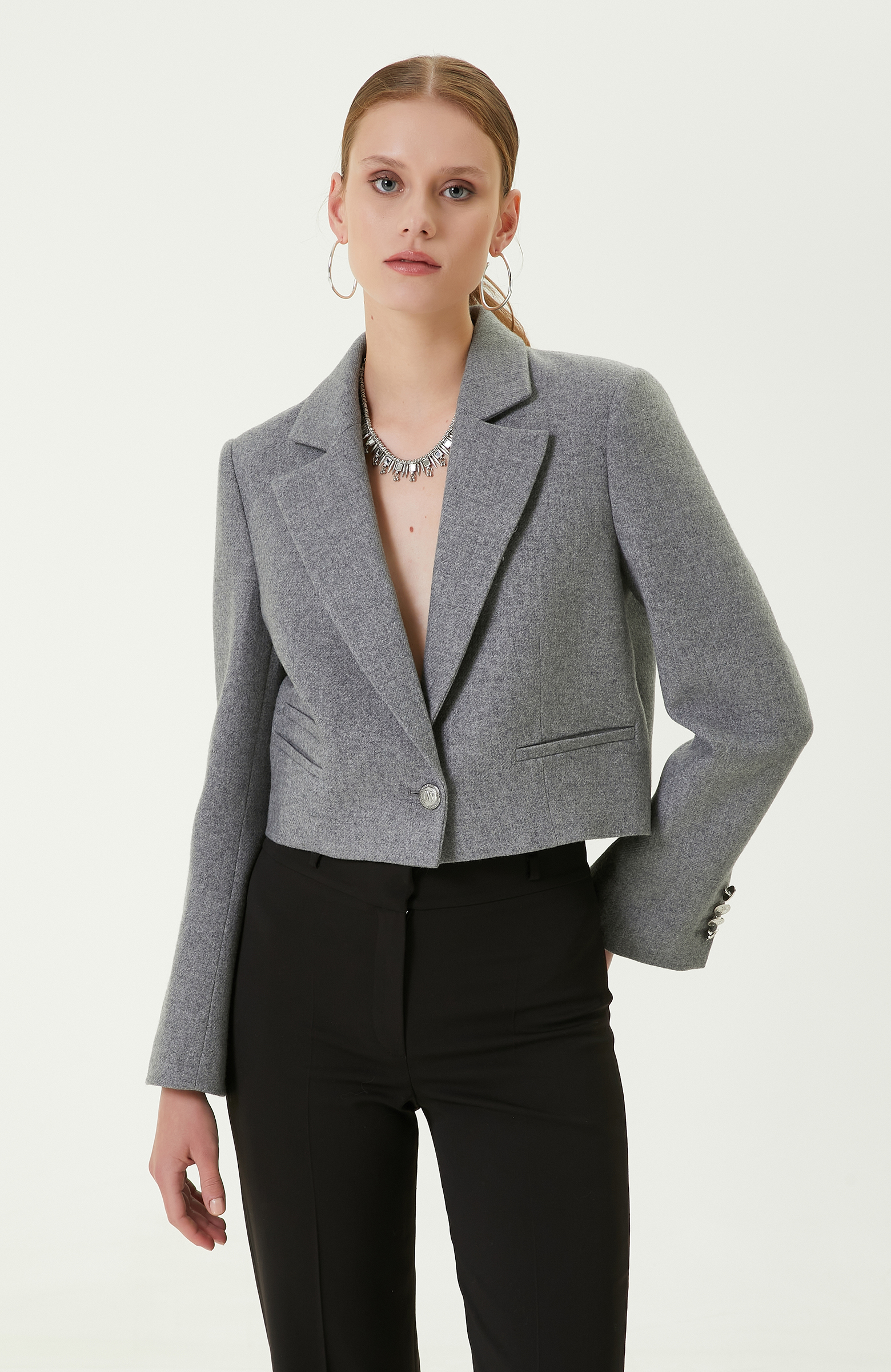 Çizgili Gri Crop Blazer Ceket