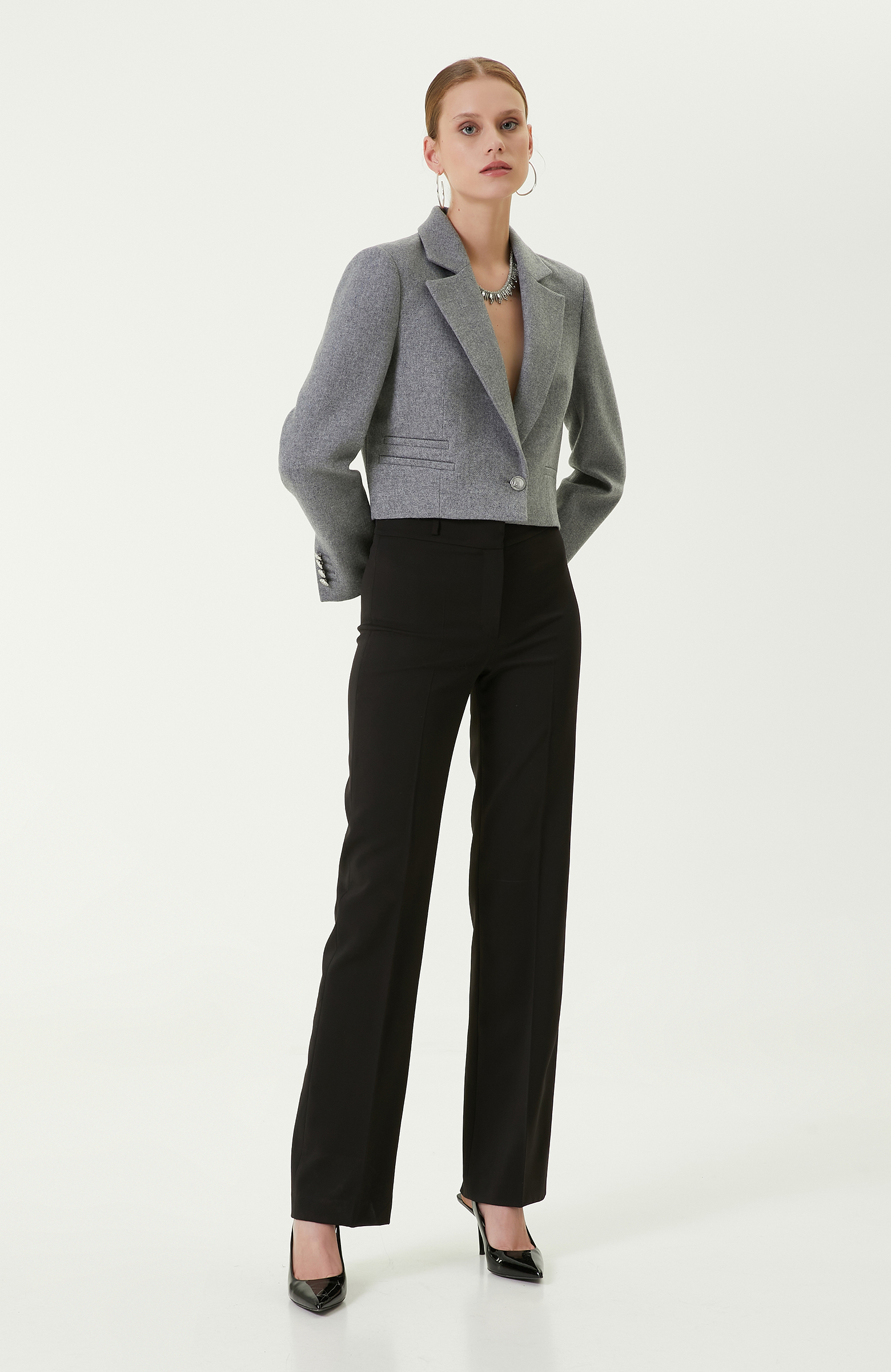 Çizgili Gri Crop Blazer Ceket