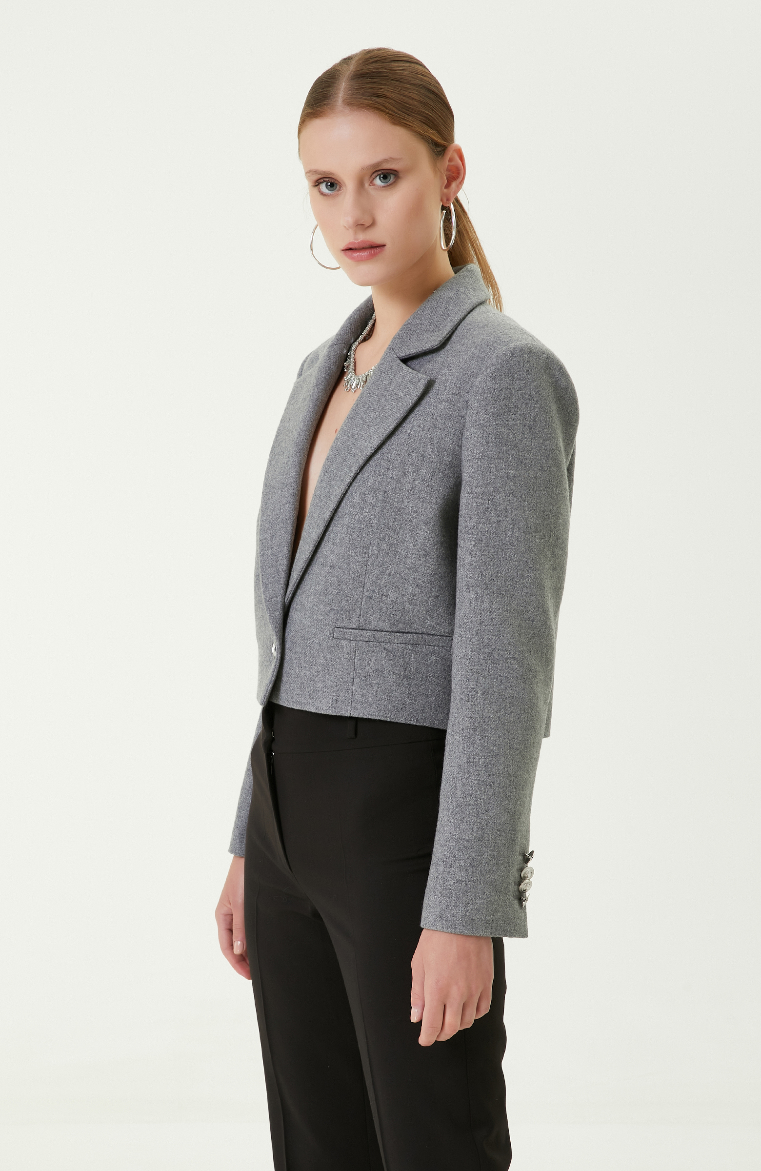 Çizgili Gri Crop Blazer Ceket