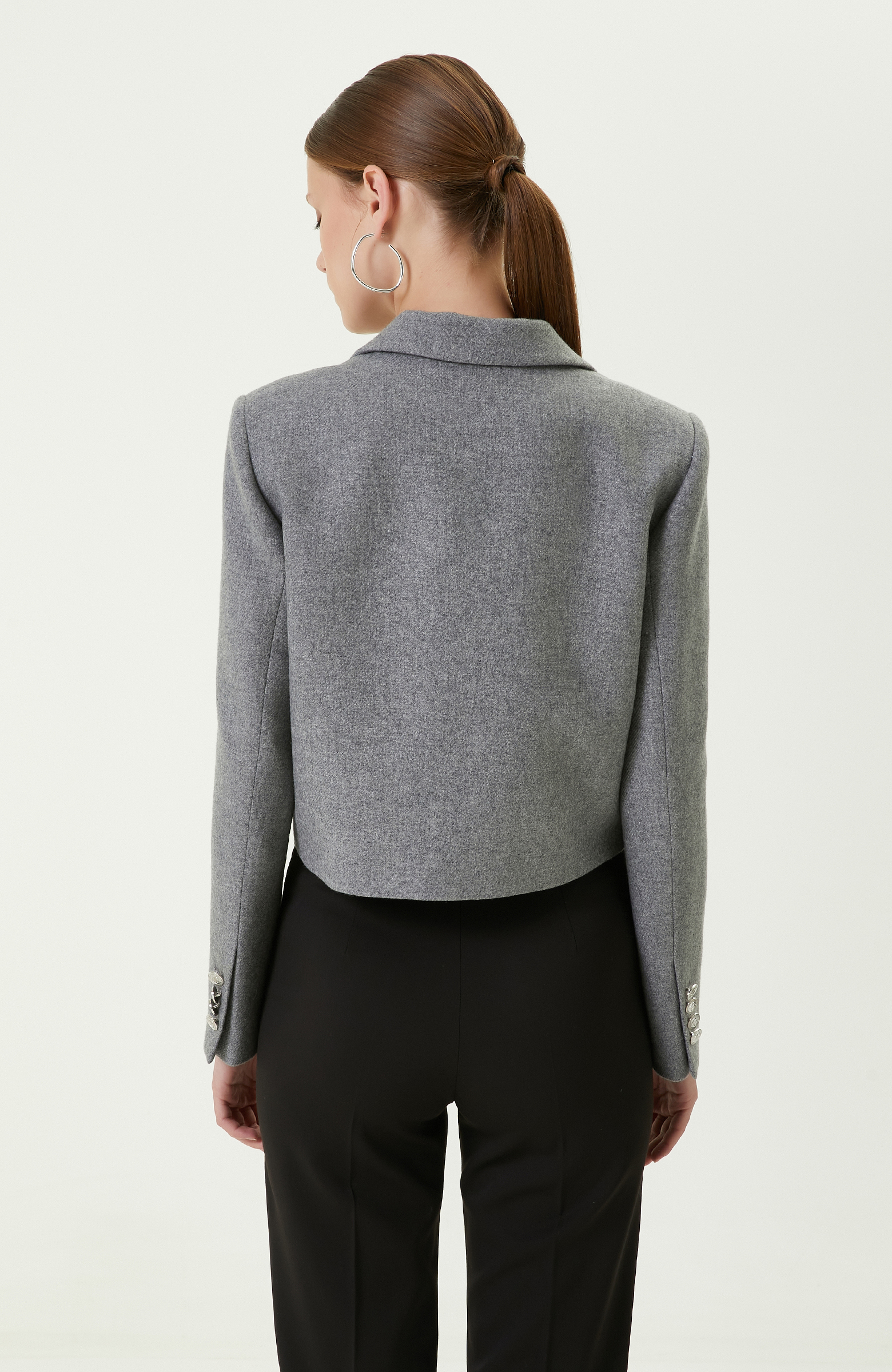 Çizgili Gri Crop Blazer Ceket