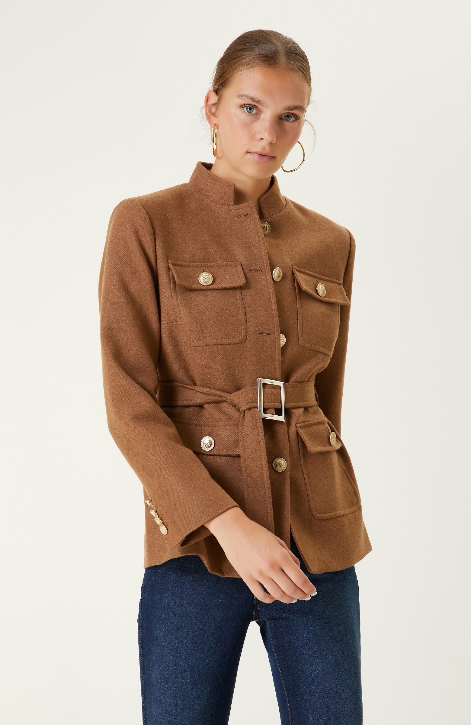 Camel Dik Yaka Kemerli Ceket