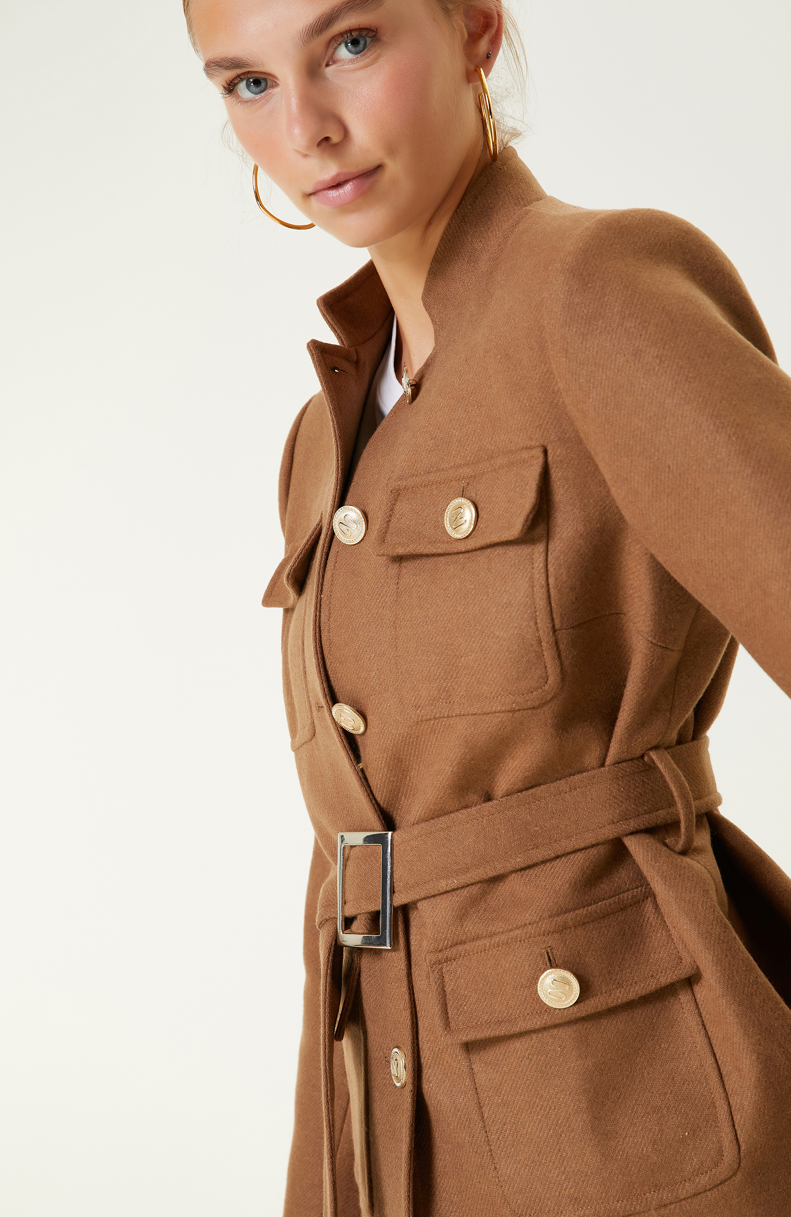 Camel Dik Yaka Kemerli Ceket