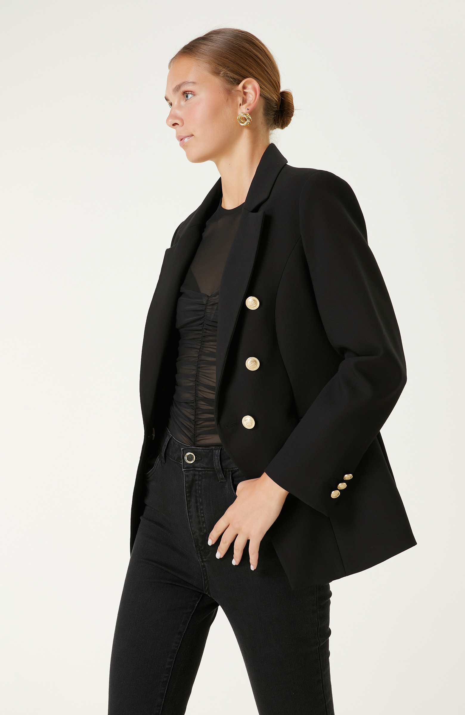 Siyah Dokuma Kruvaze Ceket