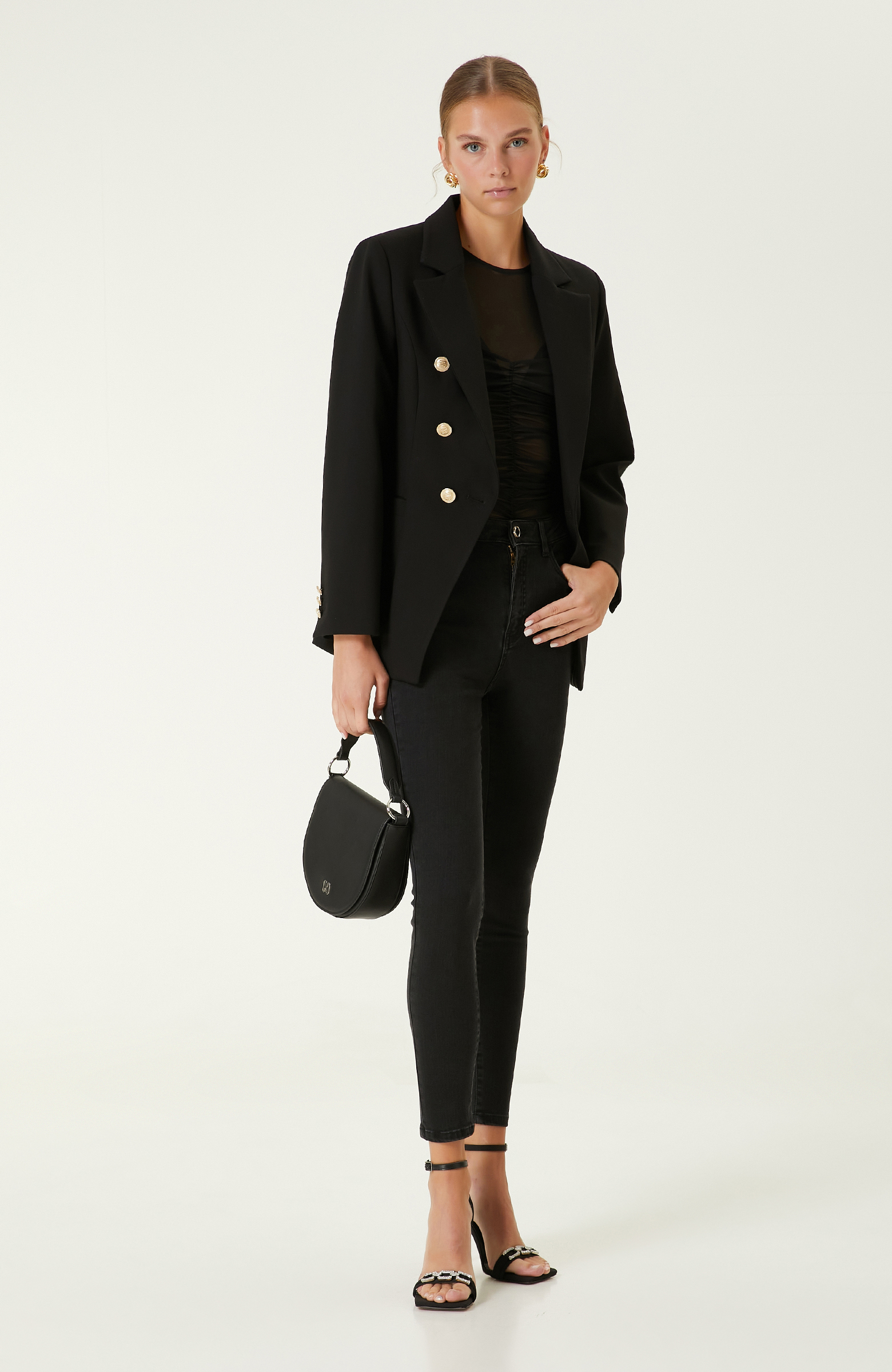 Siyah Dokuma Kruvaze Ceket