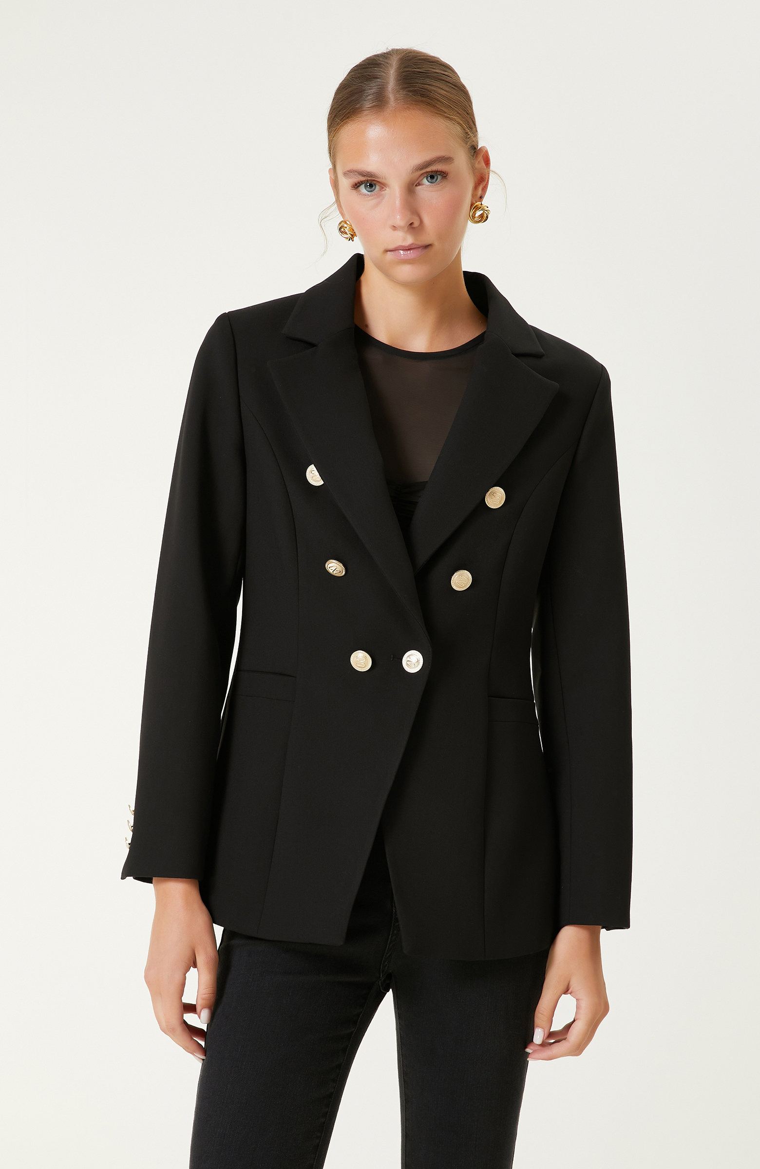 Siyah Dokuma Kruvaze Ceket