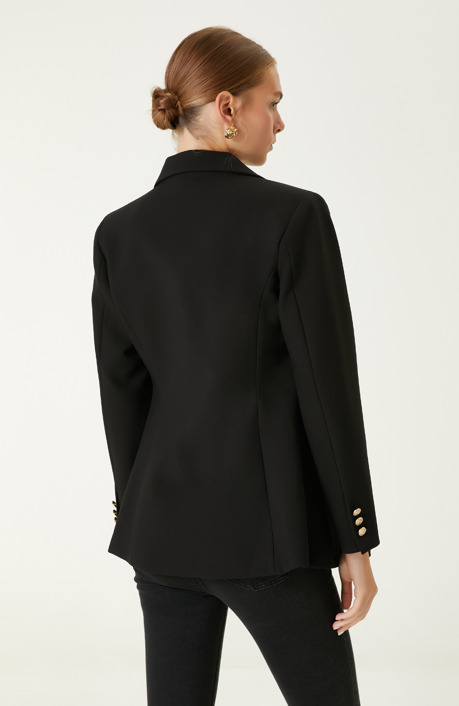 Siyah Dokuma Kruvaze Ceket