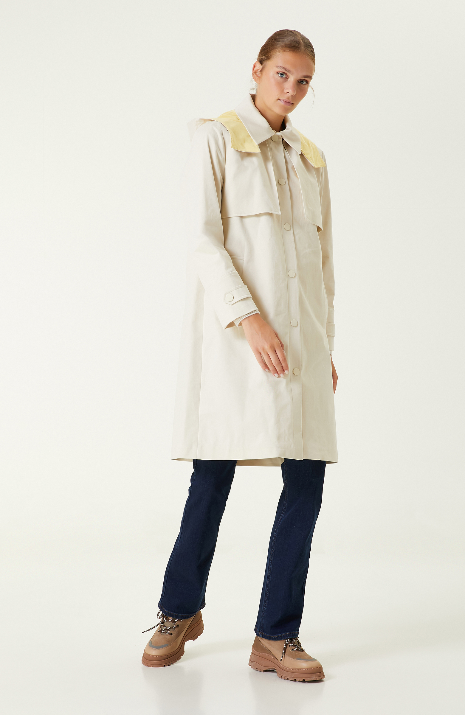 Taş Rengi Kapüşonlu  Trençkot