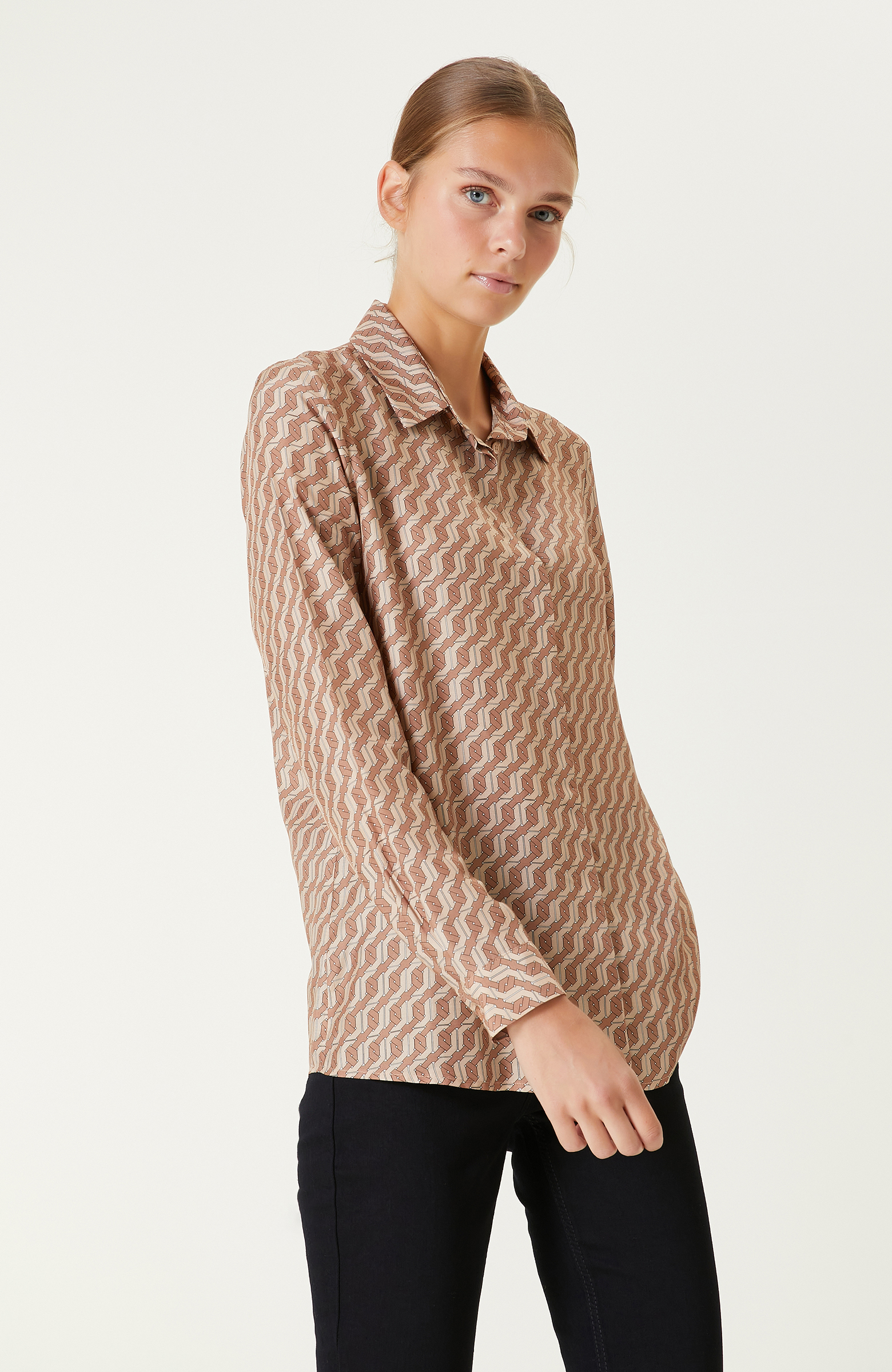 Bej Desenli Uzun Kollu Gömlek