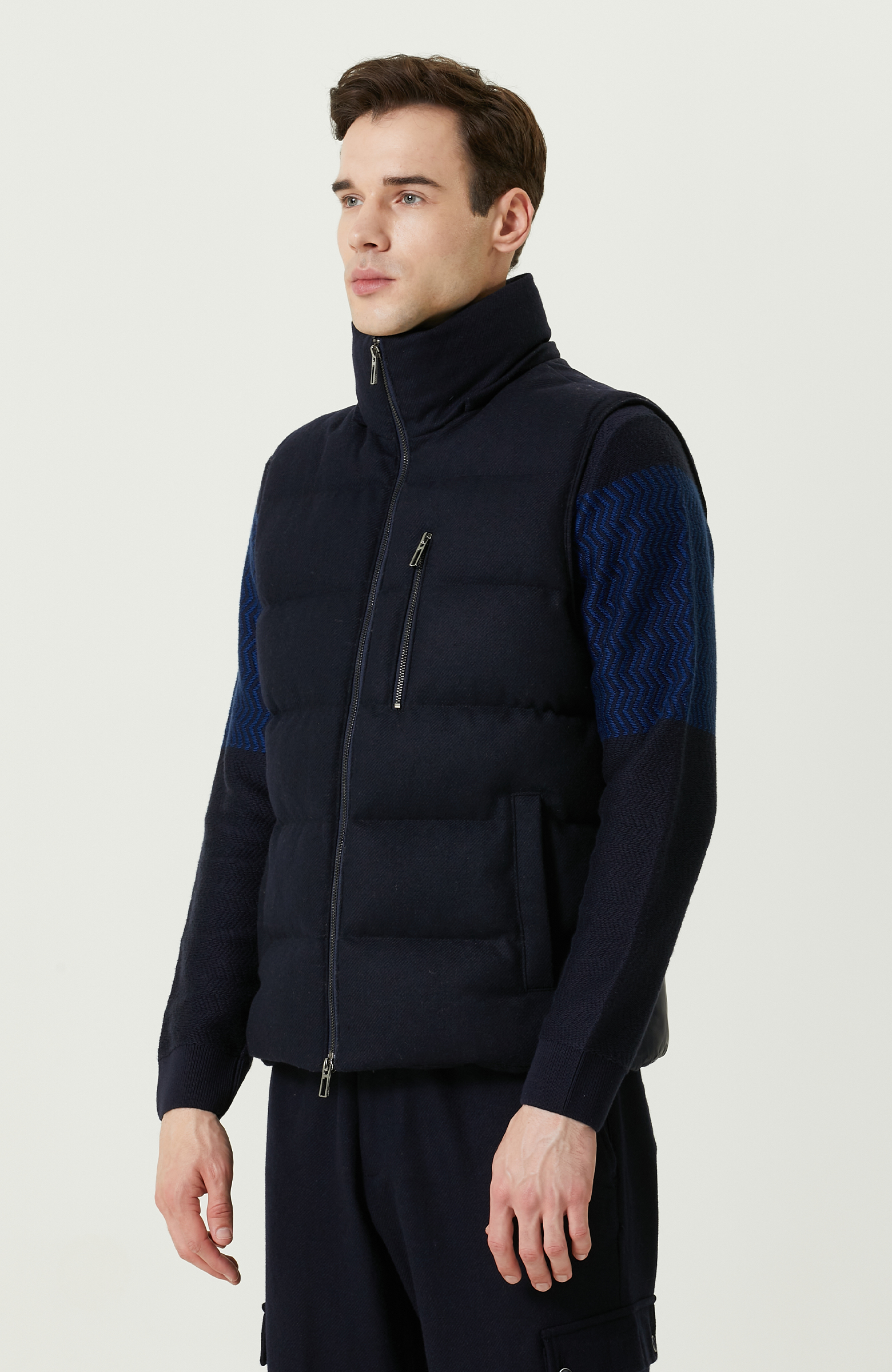 Lacivert Yan Cepli Kapüşon Yaka Yelek