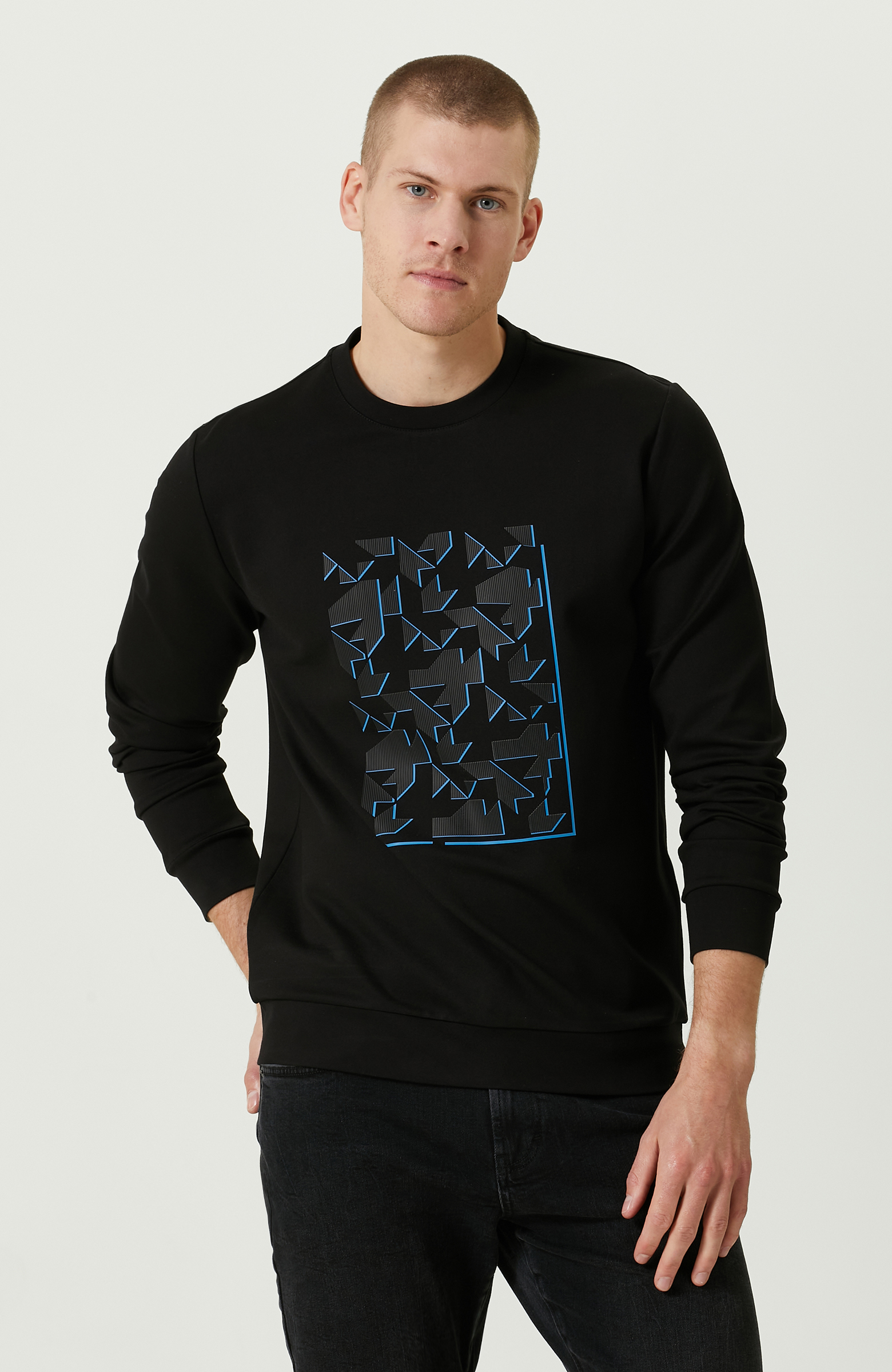 N-Tech Siyah Bisiklet Yaka Baskılı Sweatshirt_0