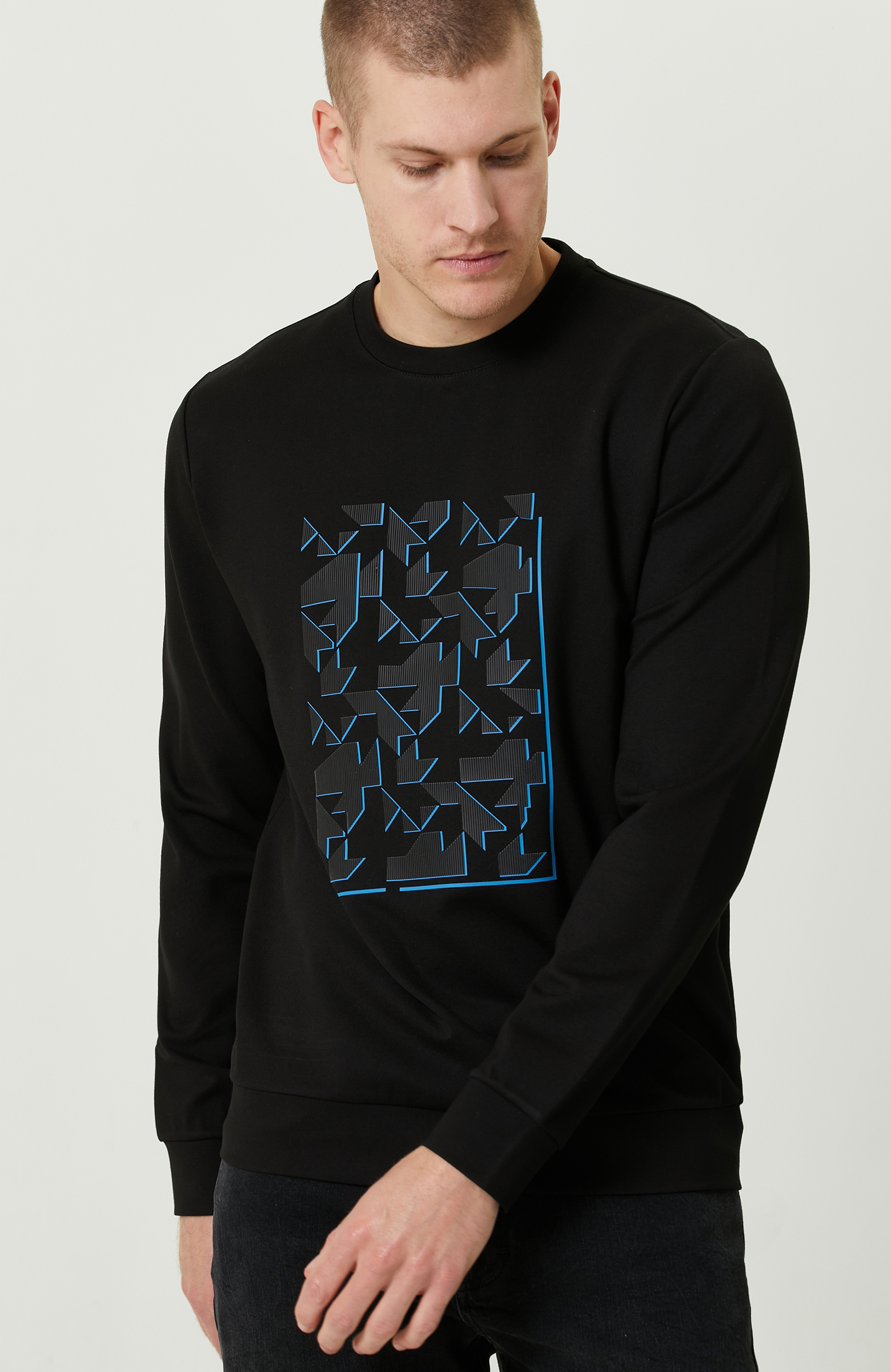 N-Tech Siyah Bisiklet Yaka Baskılı Sweatshirt_5