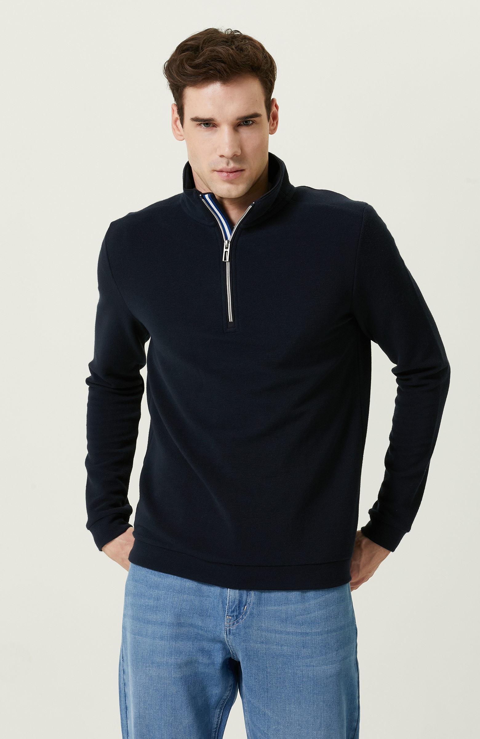 Lacivert Dik Yaka Uzun Kollu Sweatshirt