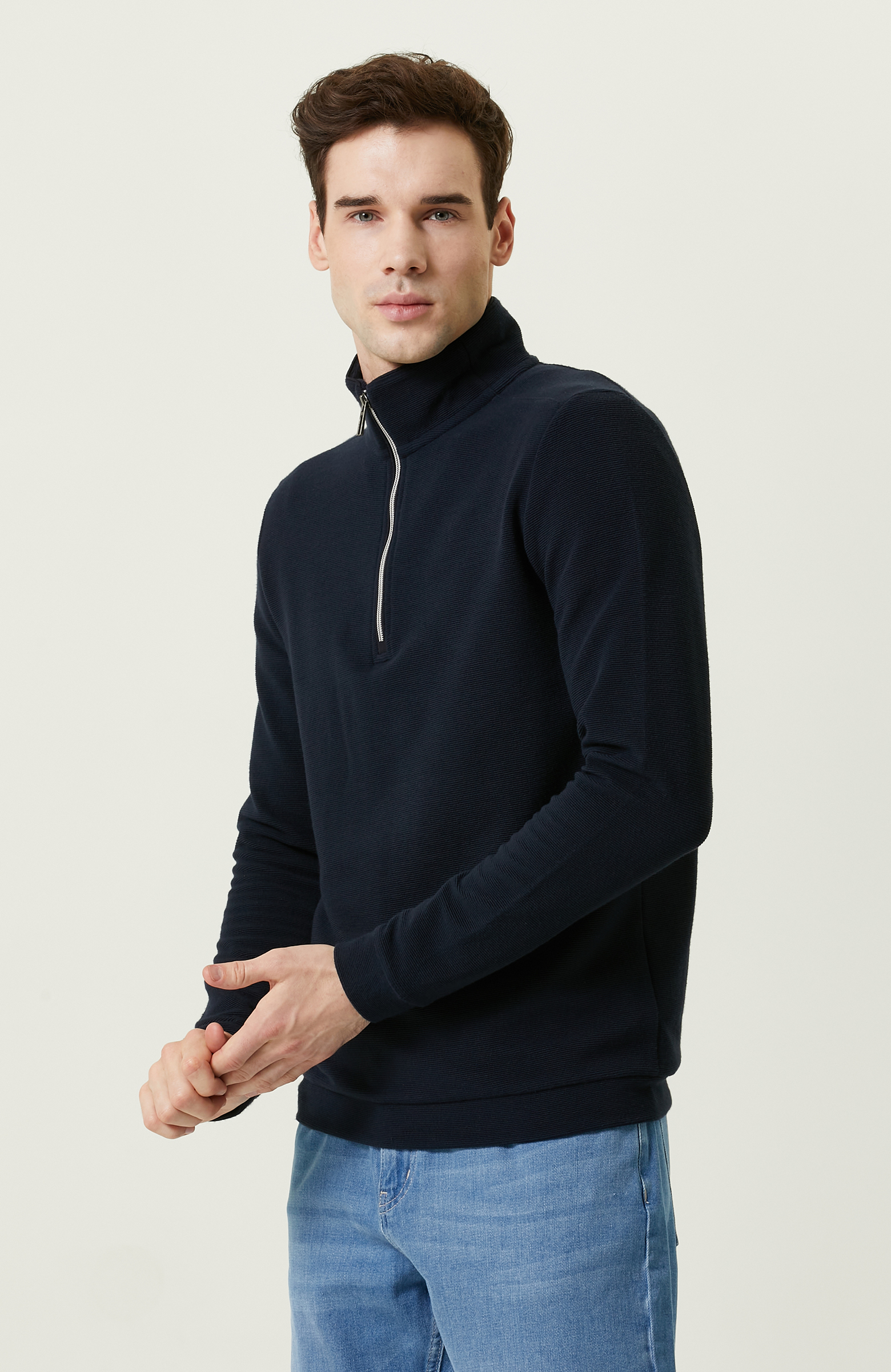 Lacivert Dik Yaka Uzun Kollu Sweatshirt