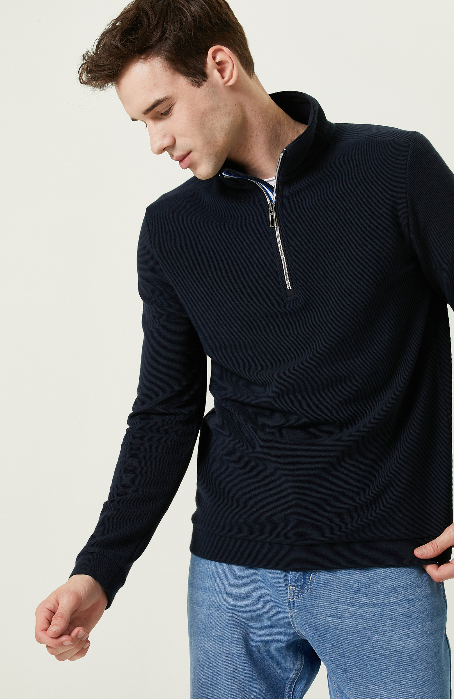 Lacivert Dik Yaka Uzun Kollu Sweatshirt