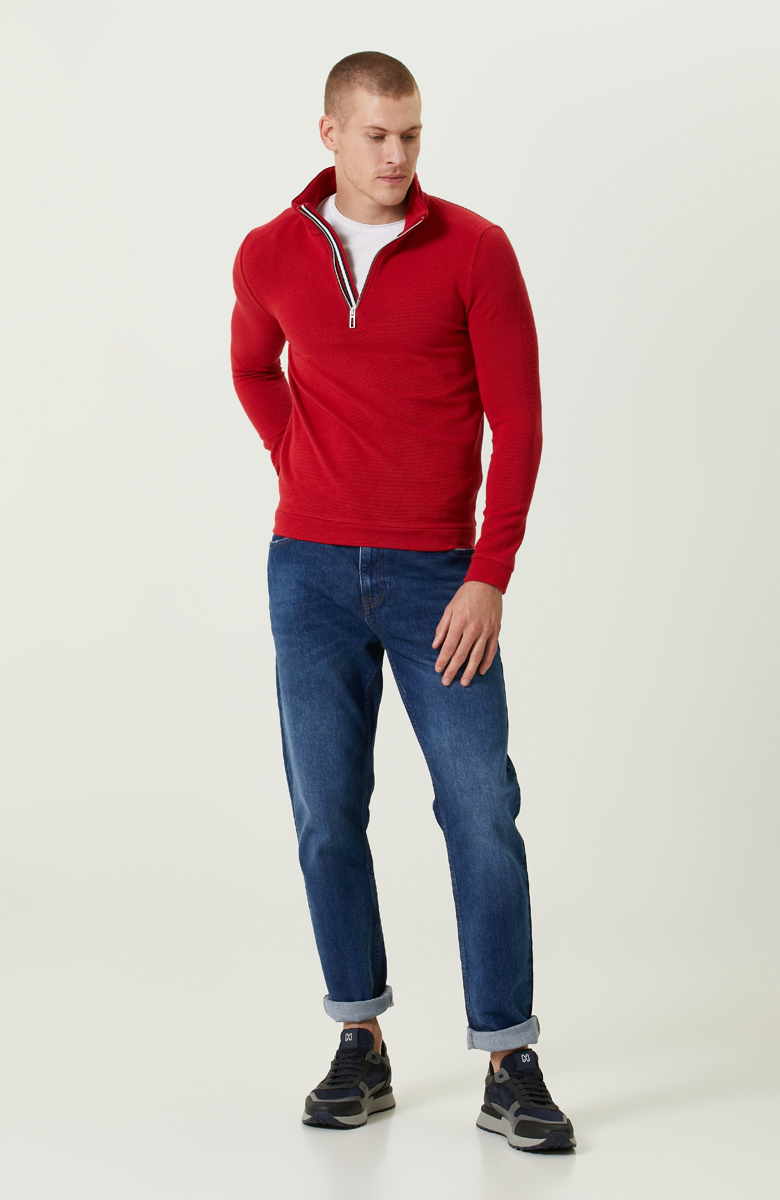 Fermuarlı Kırmızı Dik Yaka Sweatshirt