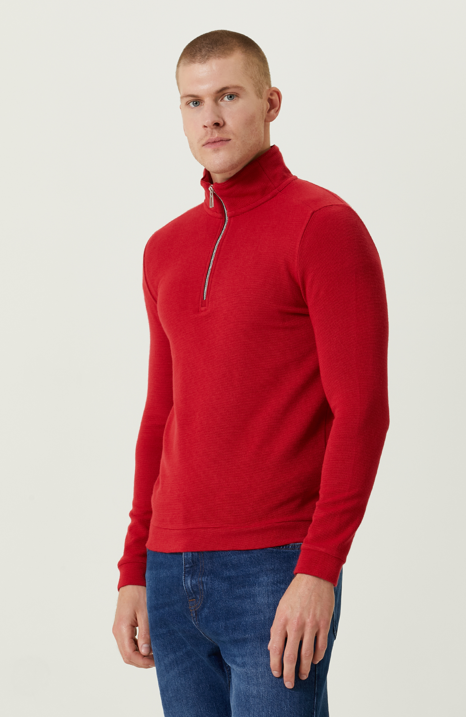 Fermuarlı Kırmızı Dik Yaka Sweatshirt