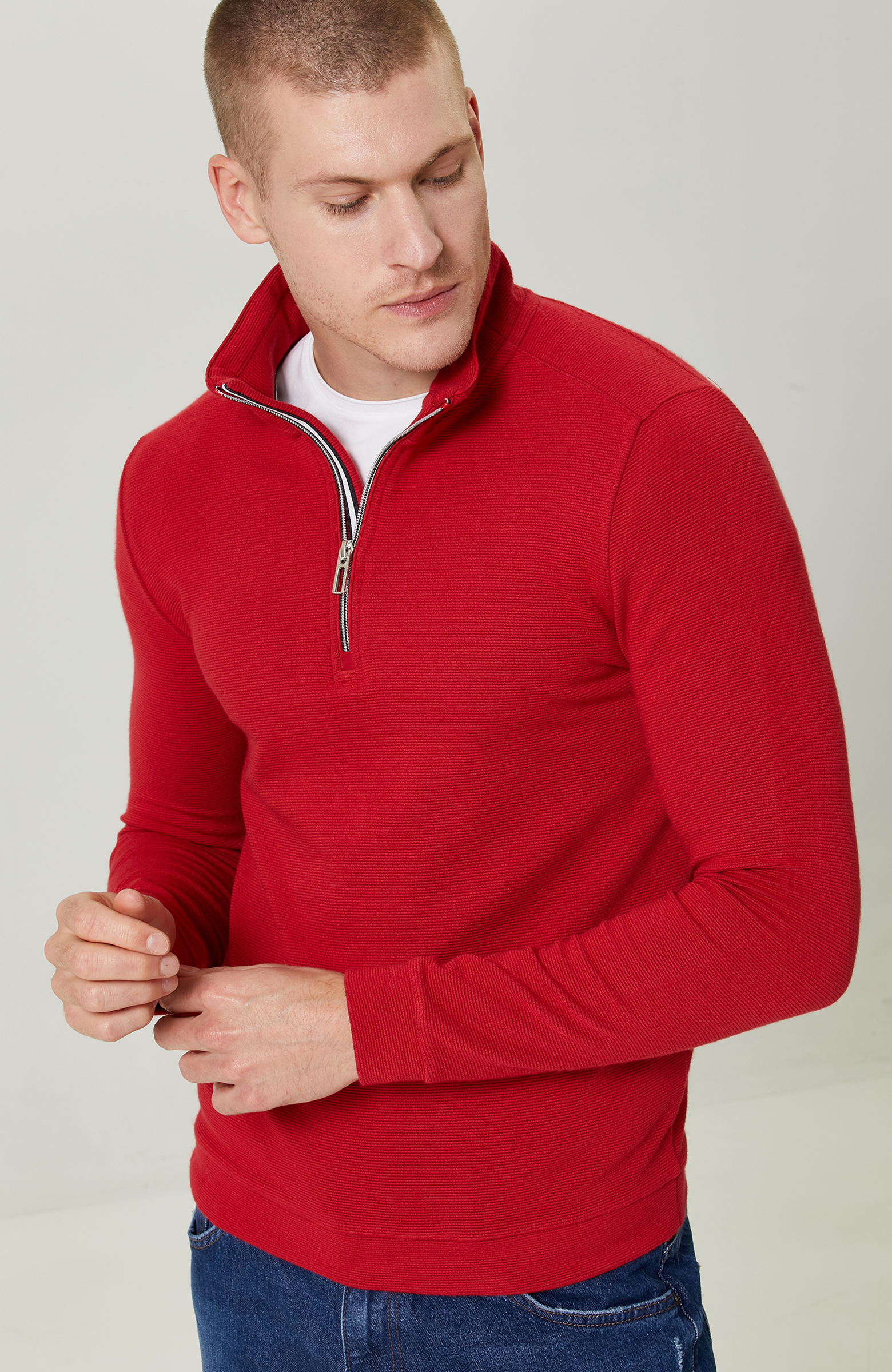 Fermuarlı Kırmızı Dik Yaka Sweatshirt