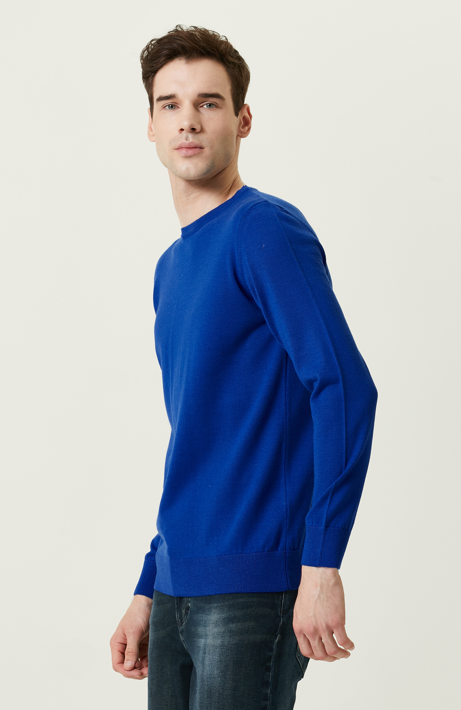 Bisiklet Yaka Saks Mavisi Triko Kazak