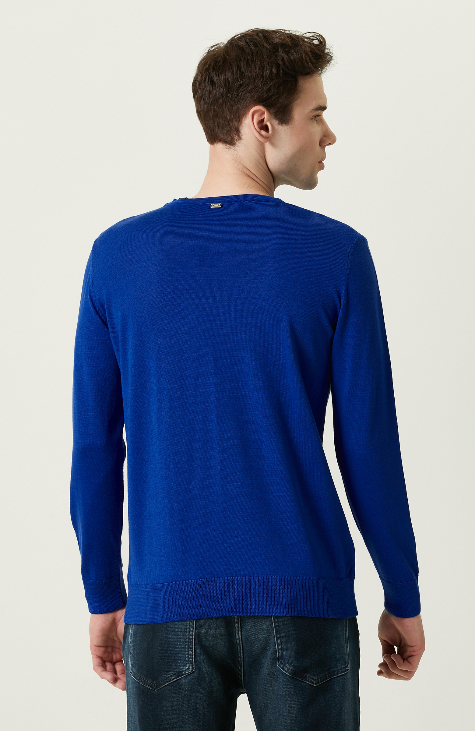 Bisiklet Yaka Saks Mavisi Triko Kazak