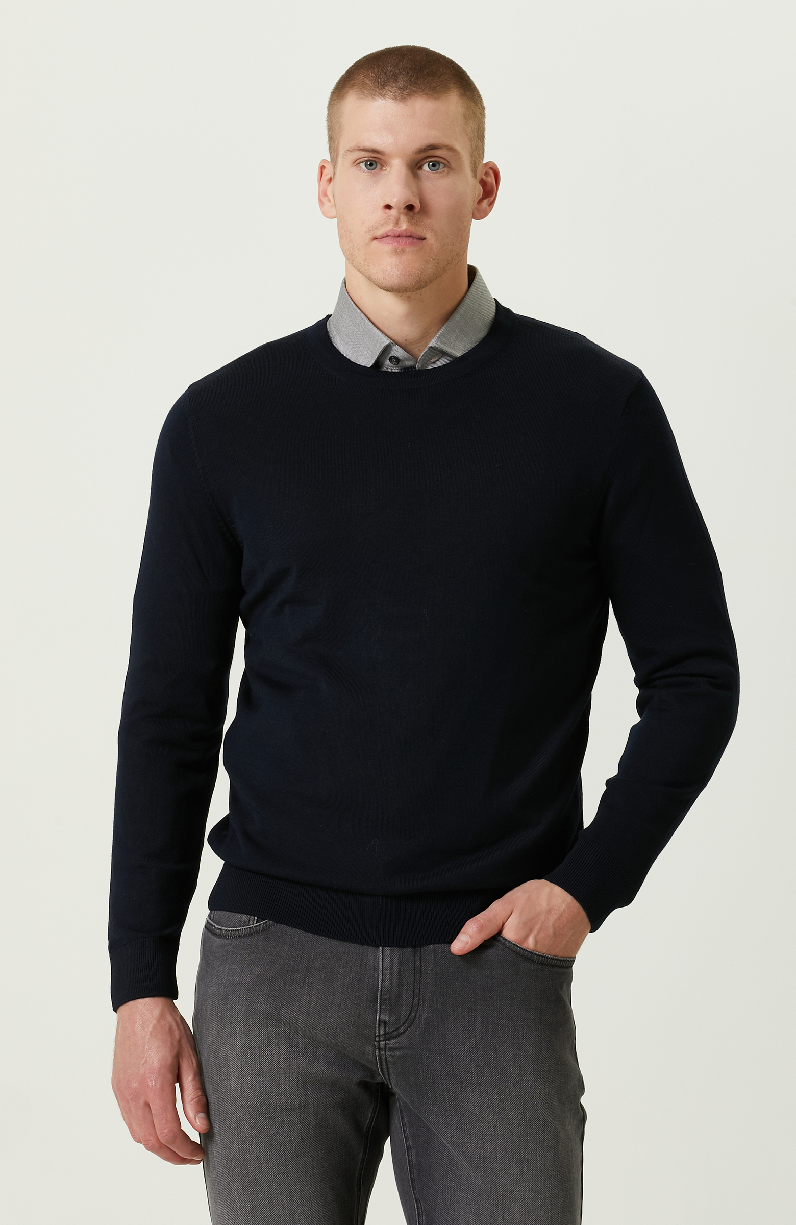 Bisiklet Yaka Lacivert Triko Kazak