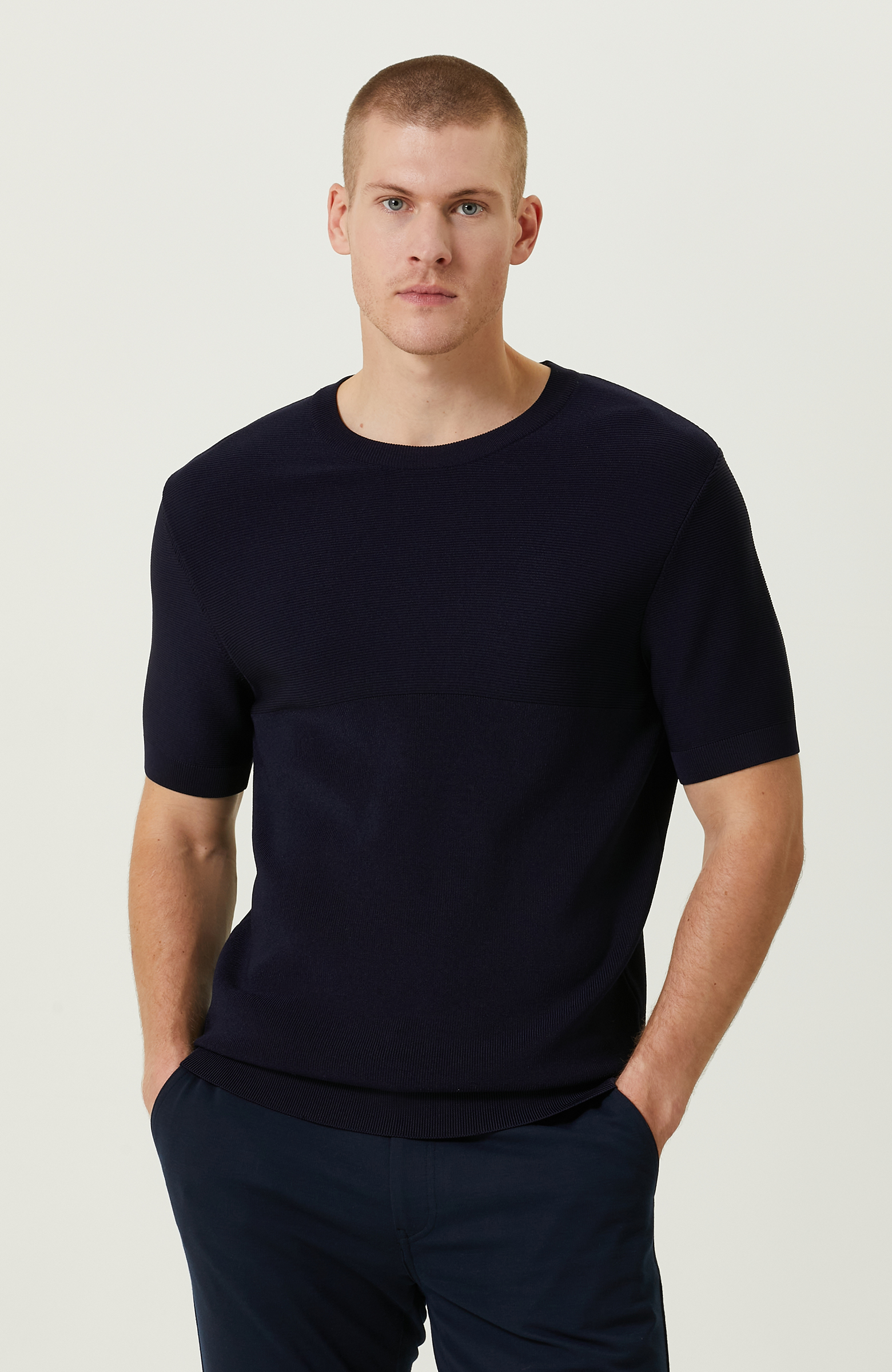 Kısa Kollu Lacivert Çizgili Triko Kazak