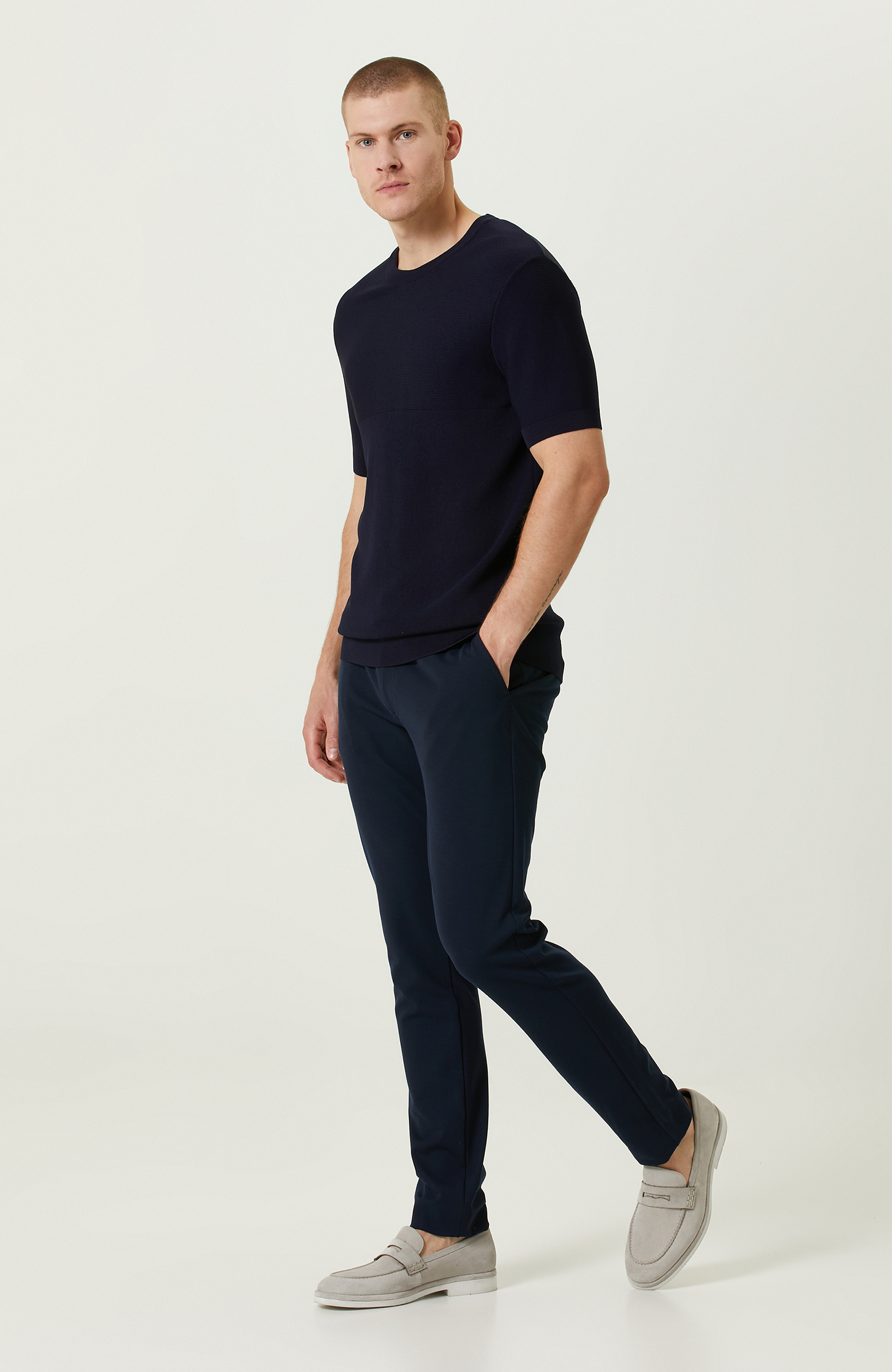 Kısa Kollu Lacivert Çizgili Triko Kazak