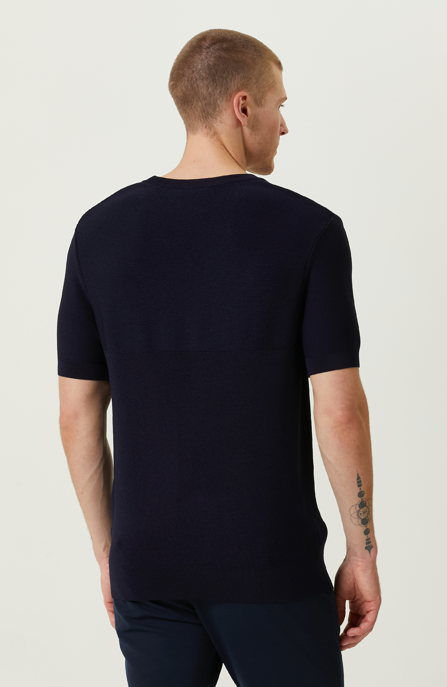 Kısa Kollu Lacivert Çizgili Triko Kazak