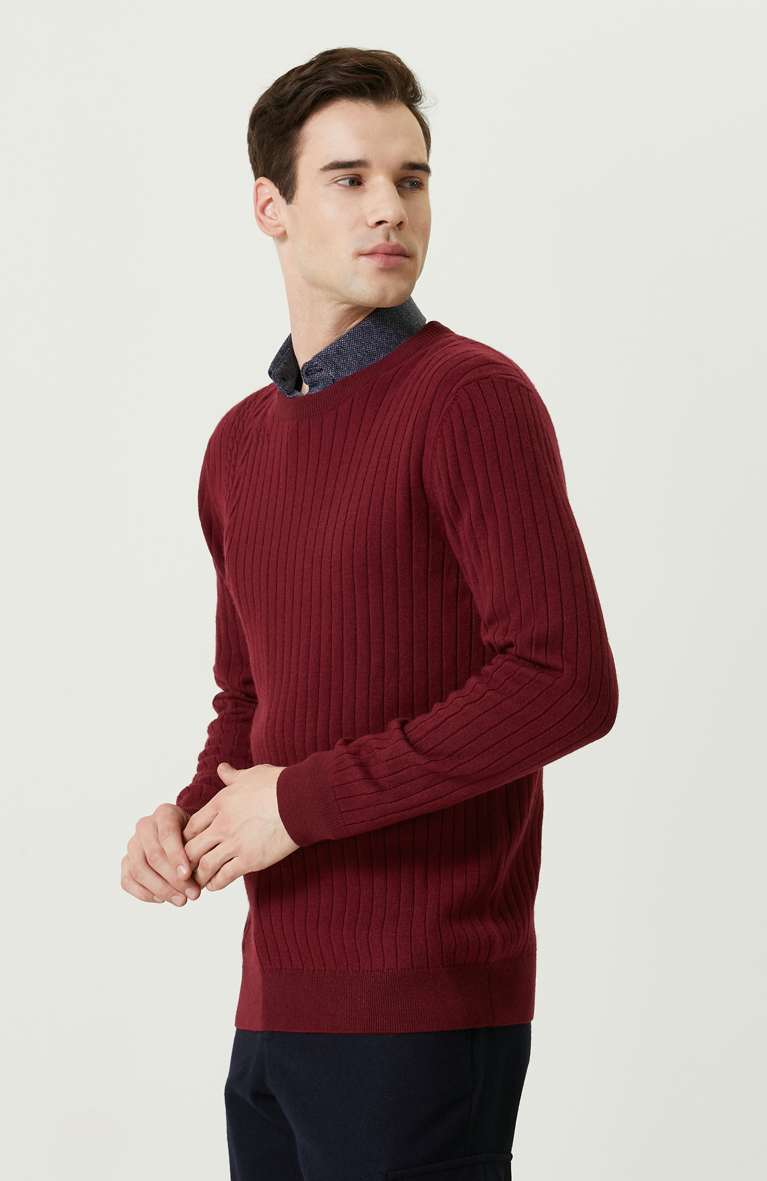 Saç Örgü Detaylı Bordo Triko Kazak