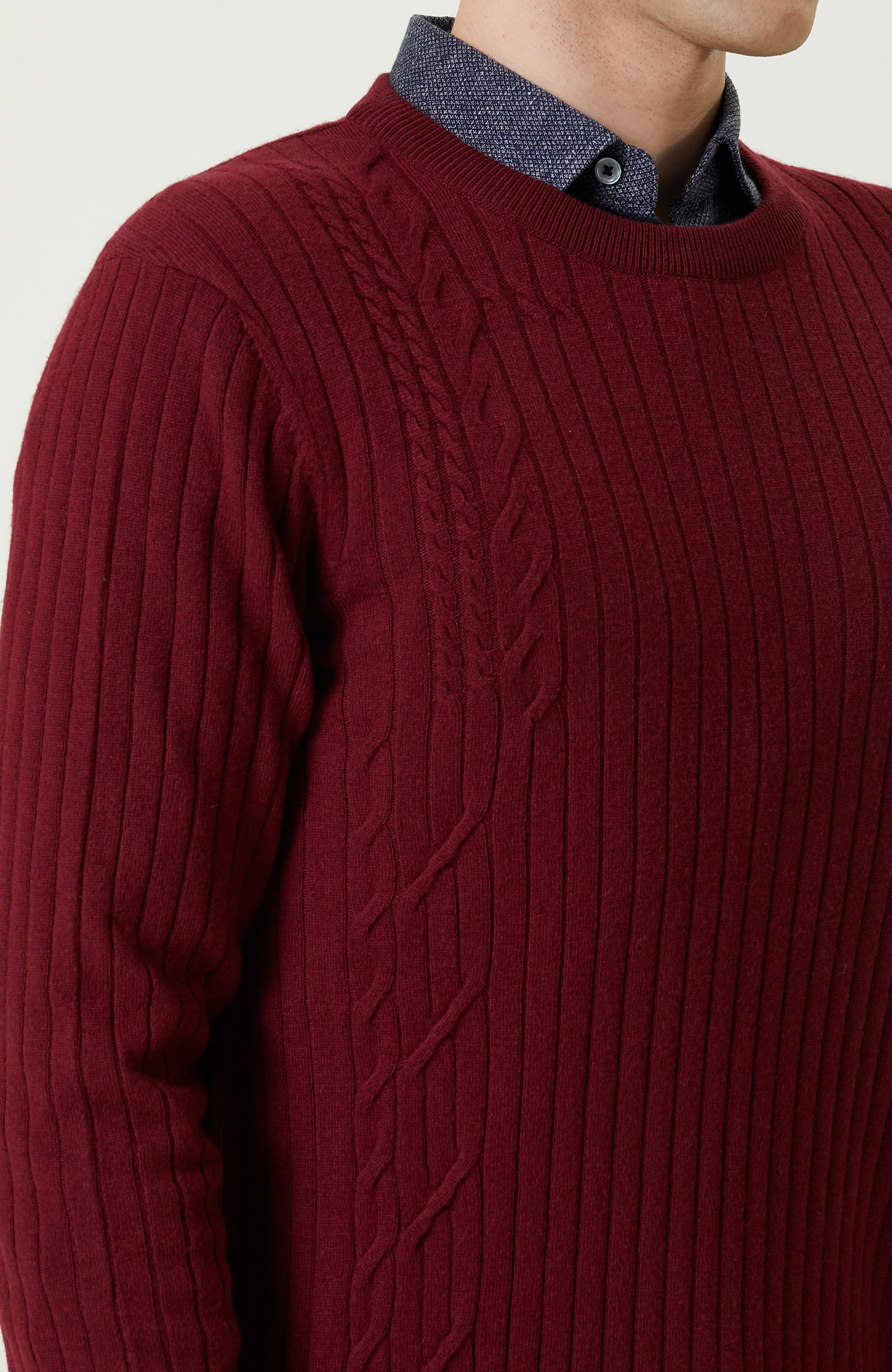 Saç Örgü Detaylı Bordo Triko Kazak