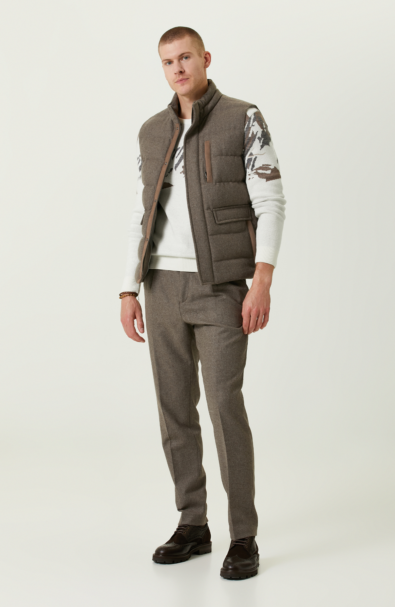 Ekru Geometrik Desenli Triko Kazak