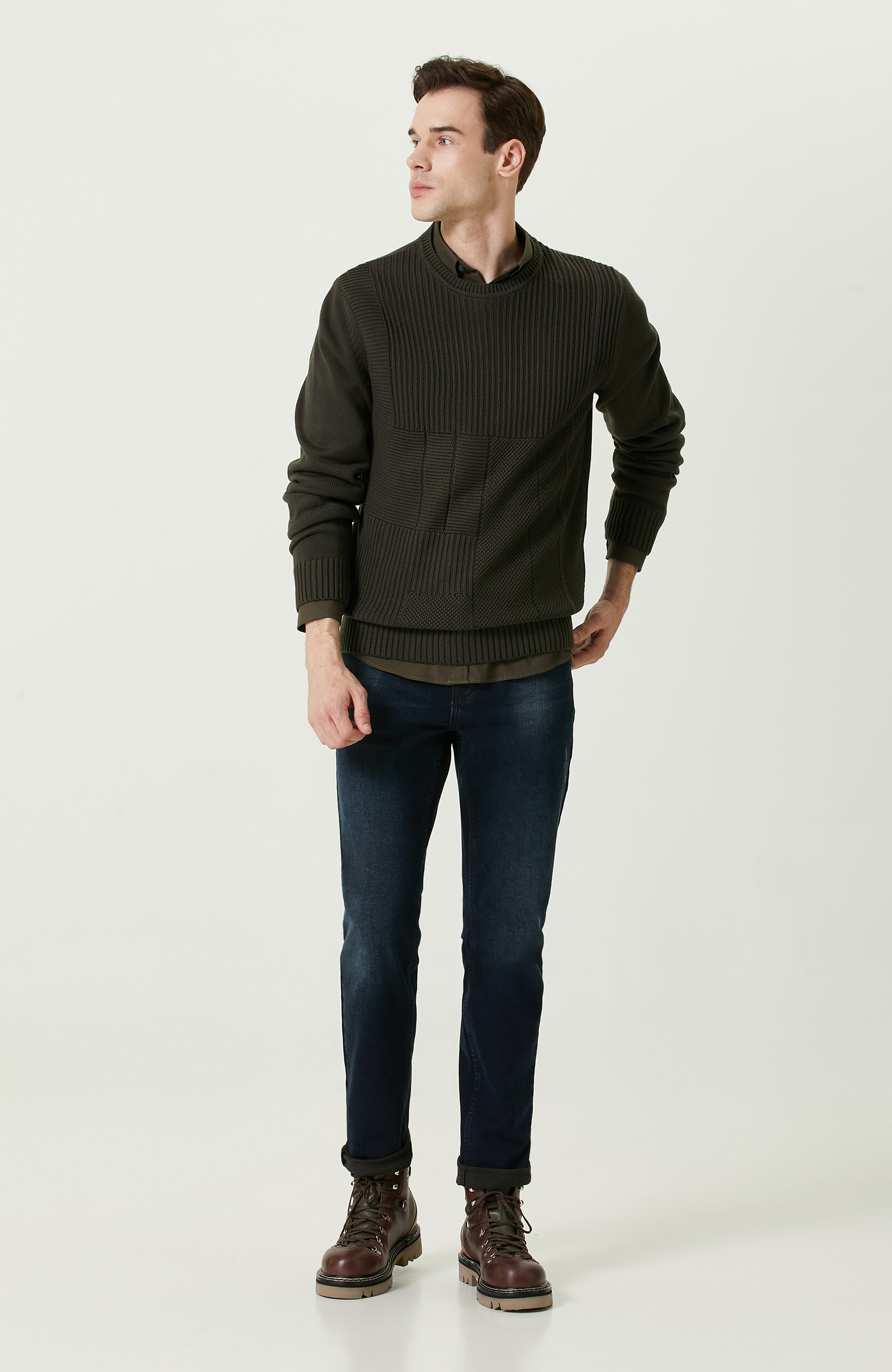 Örgü Detaylı Haki Triko Kazak