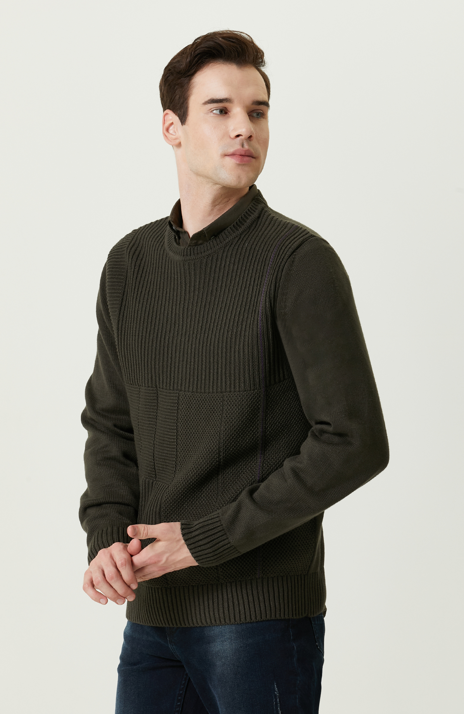 Örgü Detaylı Haki Triko Kazak