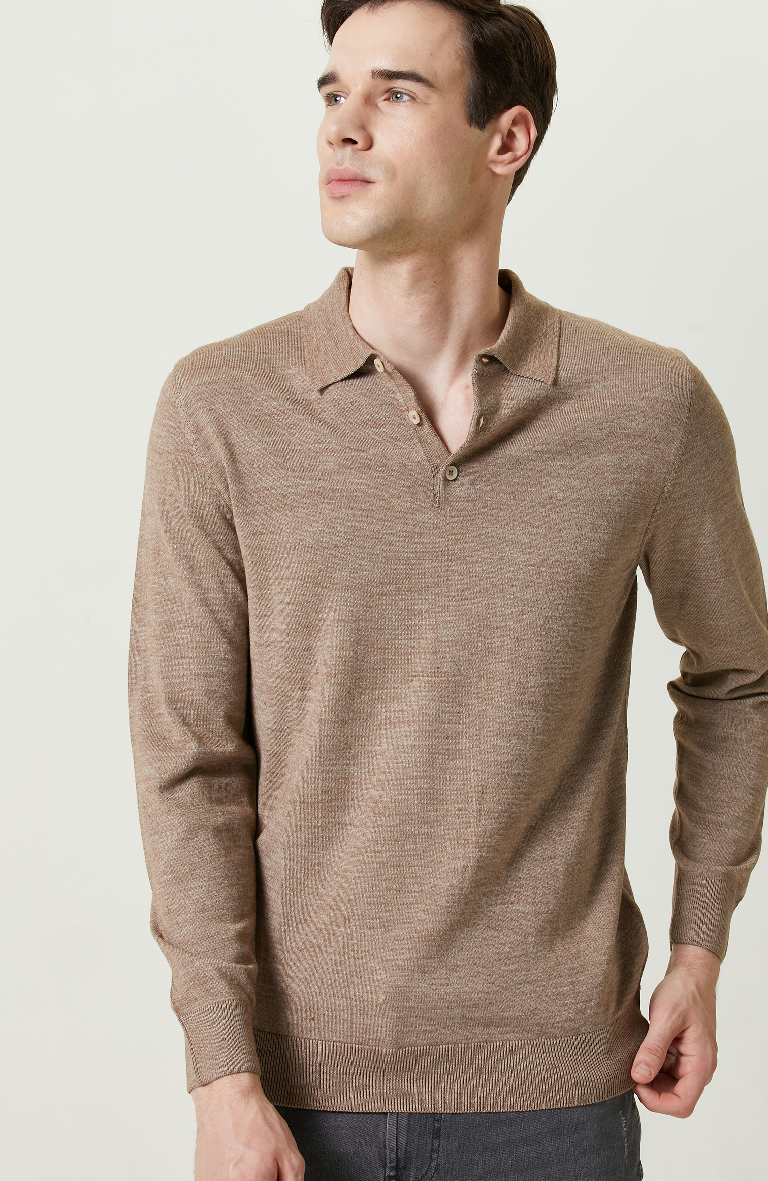 Bej Melanj Uzun Kollu Polo Yaka Triko Kazak